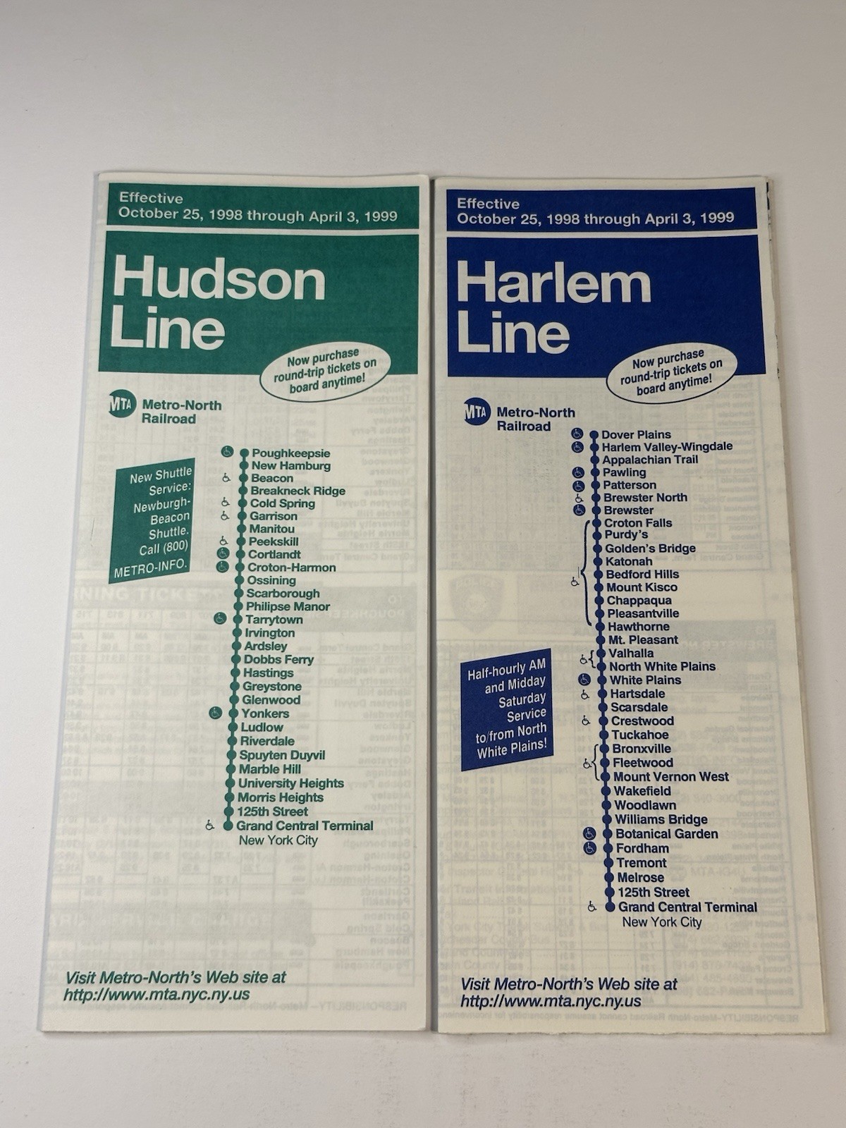 Pair of 2 Vintage 1998 Metro-North Railroad Timetables Hudson & Harlem Lines
