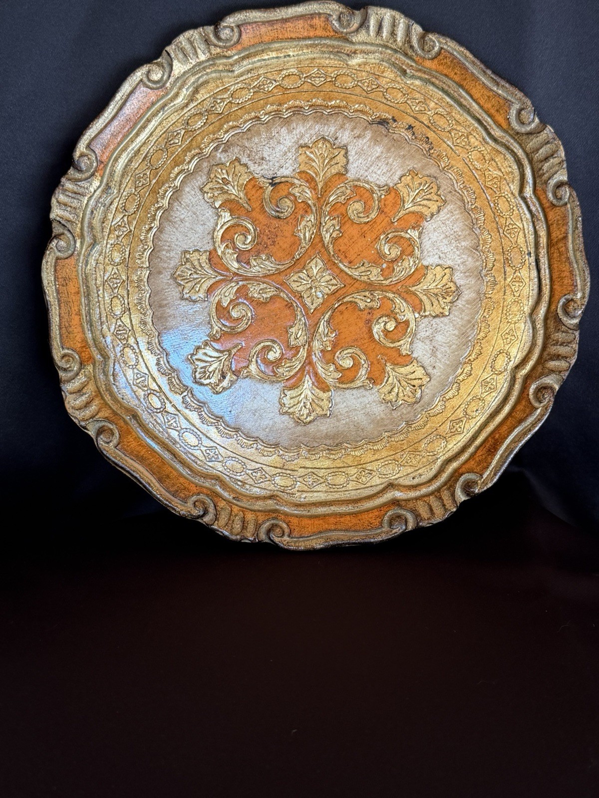 Vintage Italian Hand Painted Wood Plate PF4 Handmade Italy Florentine Gold 9.5”