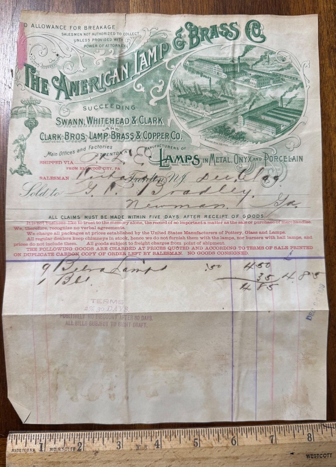 1889 graphic billhead American Lamp Brass Co Swann Whitehead Trenton NJ 1889 graphic billhead American Lamp Brass Co Swann Whitehead Trenton NJ