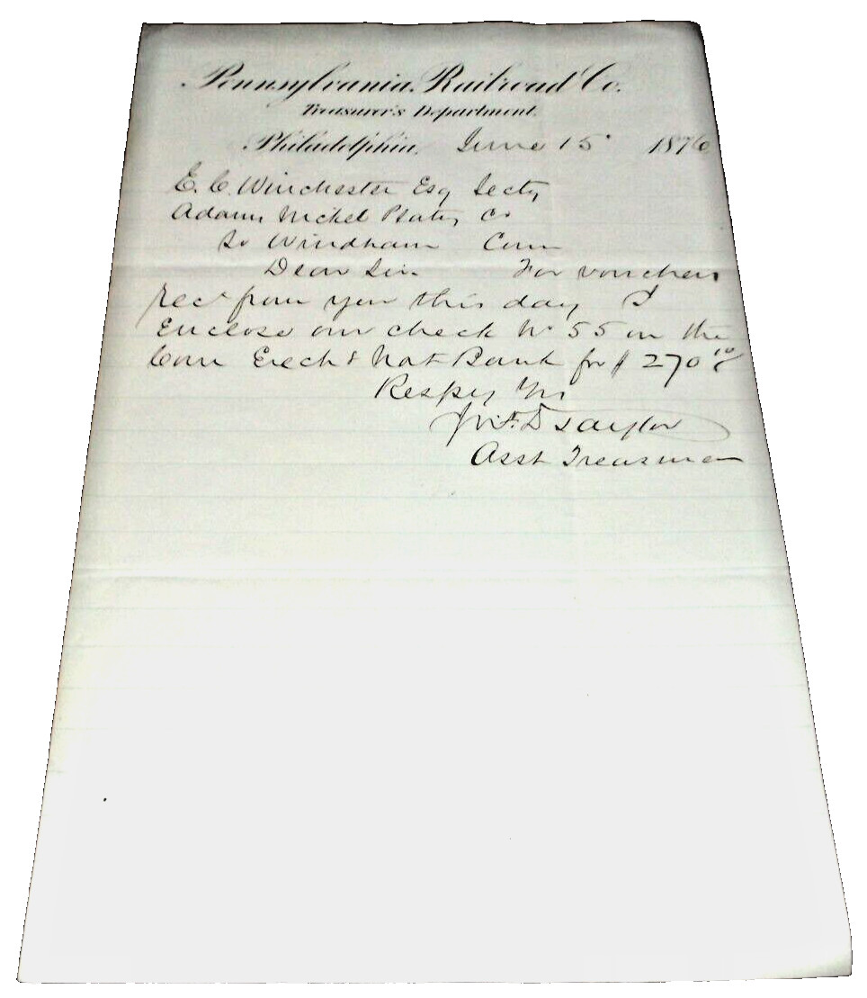 JUNE 1876 PENNSYLVANIA RAILROAD PRR TREASURER\'S DEPARTMENT LETTER JUNE 1876 PENNSYLVANIA RAILROAD PRR TREASURER\'S DEPARTMENT LETTER