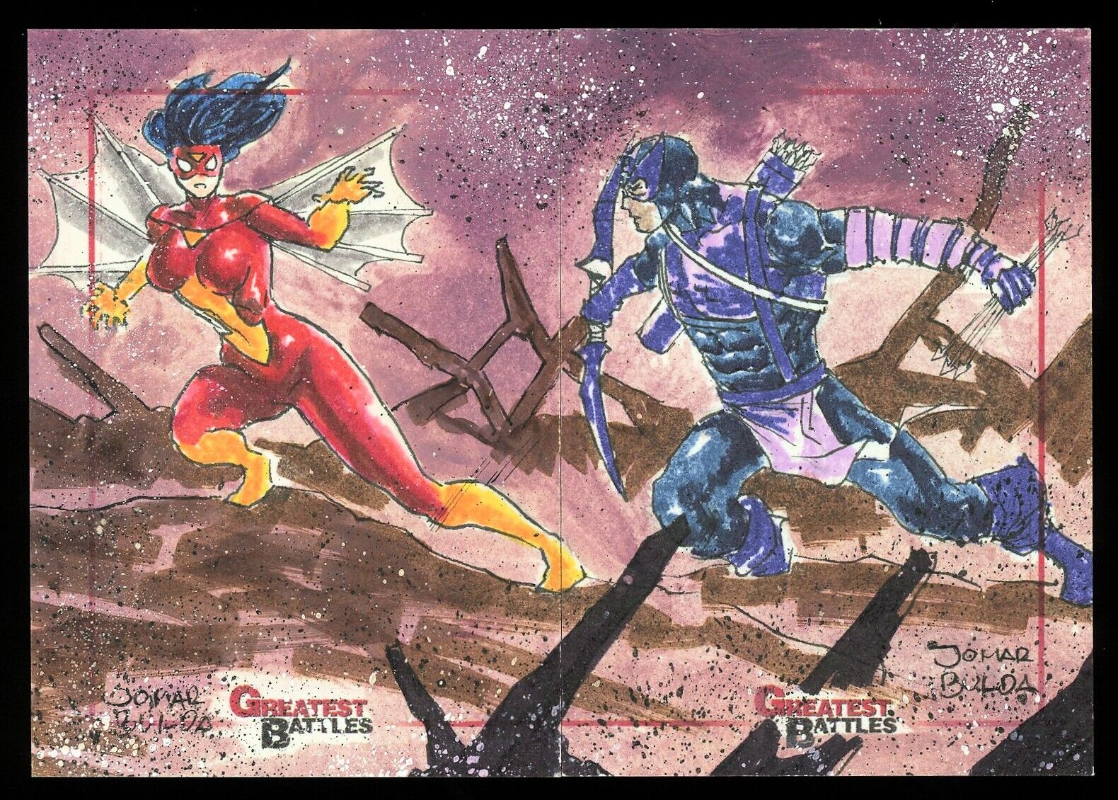 2013 Marvel Greatest Battles Spider-Woman & Hawkeye Jomar Bulda 2 Panel Sketch