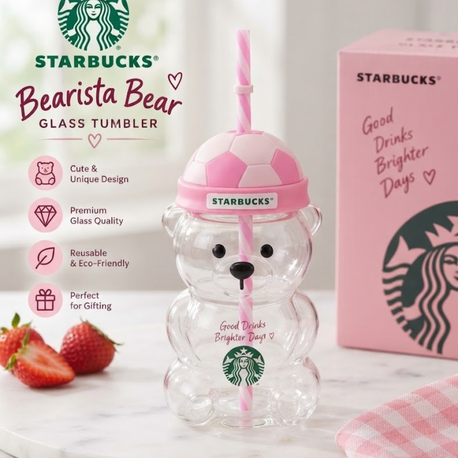 Starbucks Bearista Bear Glass Tumbler 16oz Pink Cute Straw Cup Reusable Gift Starbucks Bearista Bear Glass Tumbler 16oz Pink Cute Straw Cup Reusable Gift