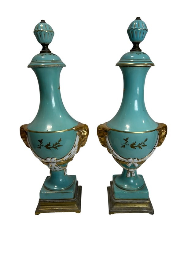 Antique pair of French Sevres Style Turquoise Porcelain Urns Bronze Base Gilt
