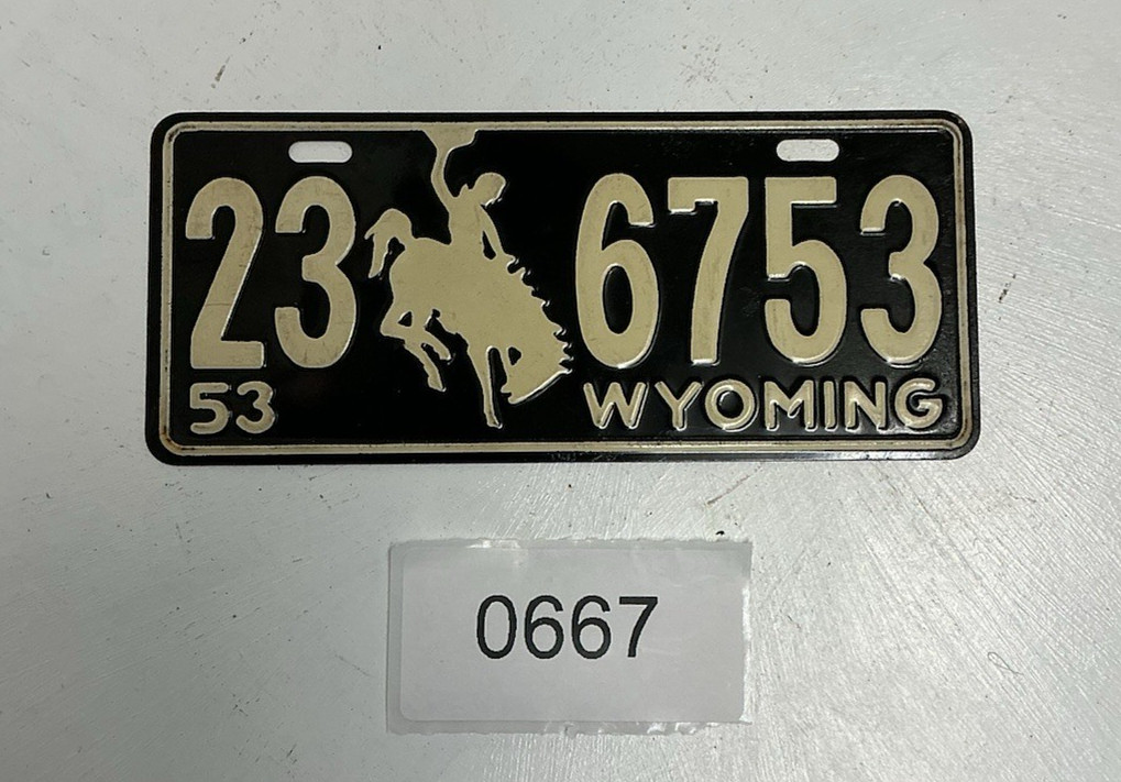 1953 WYOMING License Plate 23 6753 Vtg Antique Mini Tag Black White 🔥🔥Cowboy 1953 WYOMING License Plate 23 6753 Vtg Antique Mini Tag Black White 🔥🔥Cowboy