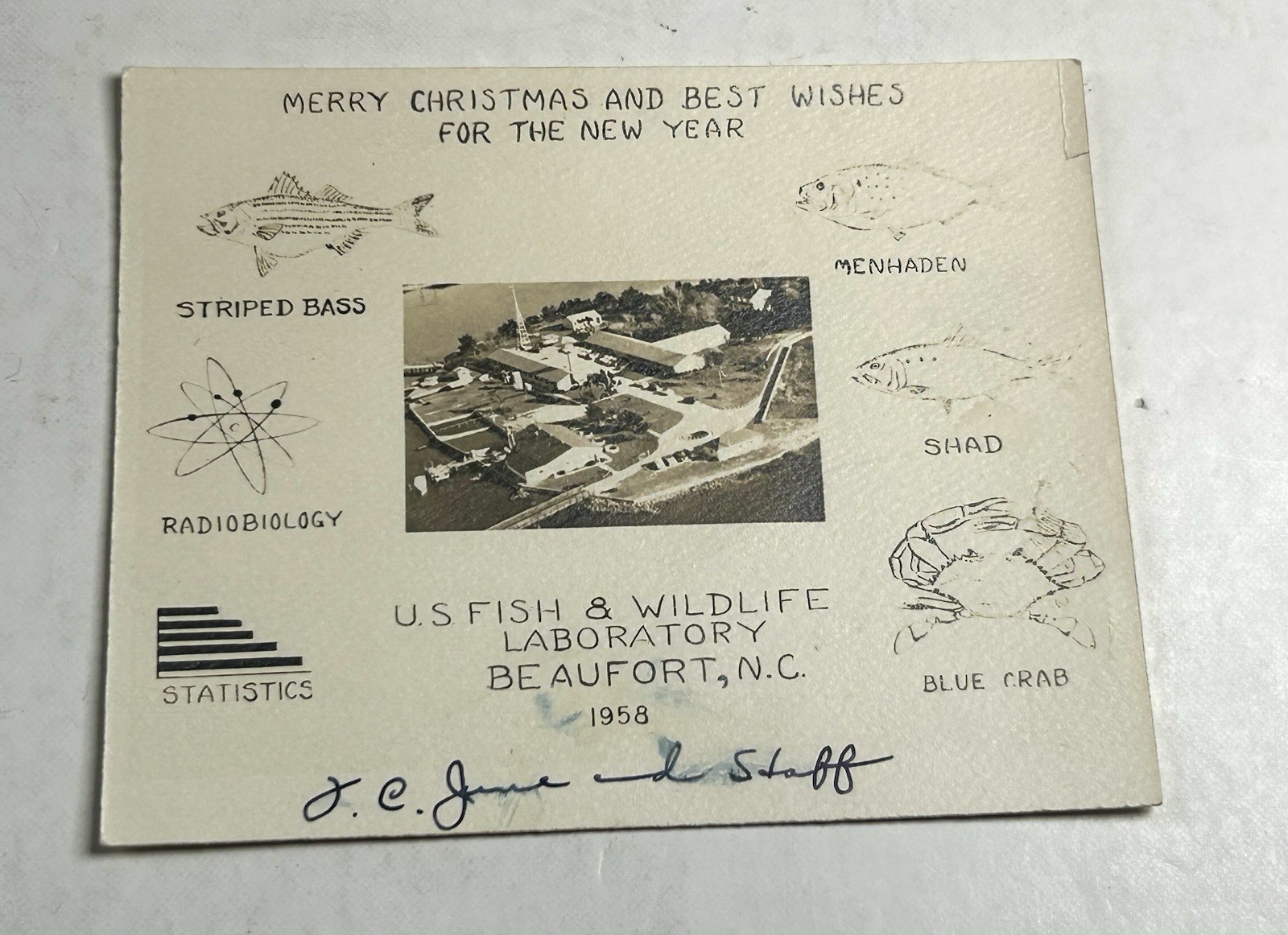 Christmas Vintage Card US Fish Wildlife Lab Beaufort NC 1958