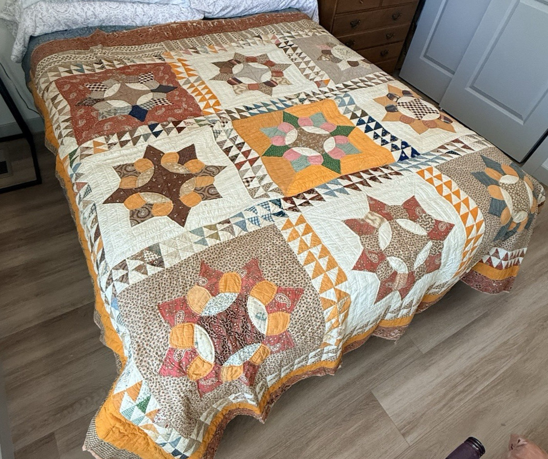 Antique 1800s Hand Stitched Caesar\'s Crown Scrapbag Quilt 83\ Antique 1800s Hand Stitched Caesar\'s Crown Scrapbag Quilt 83\