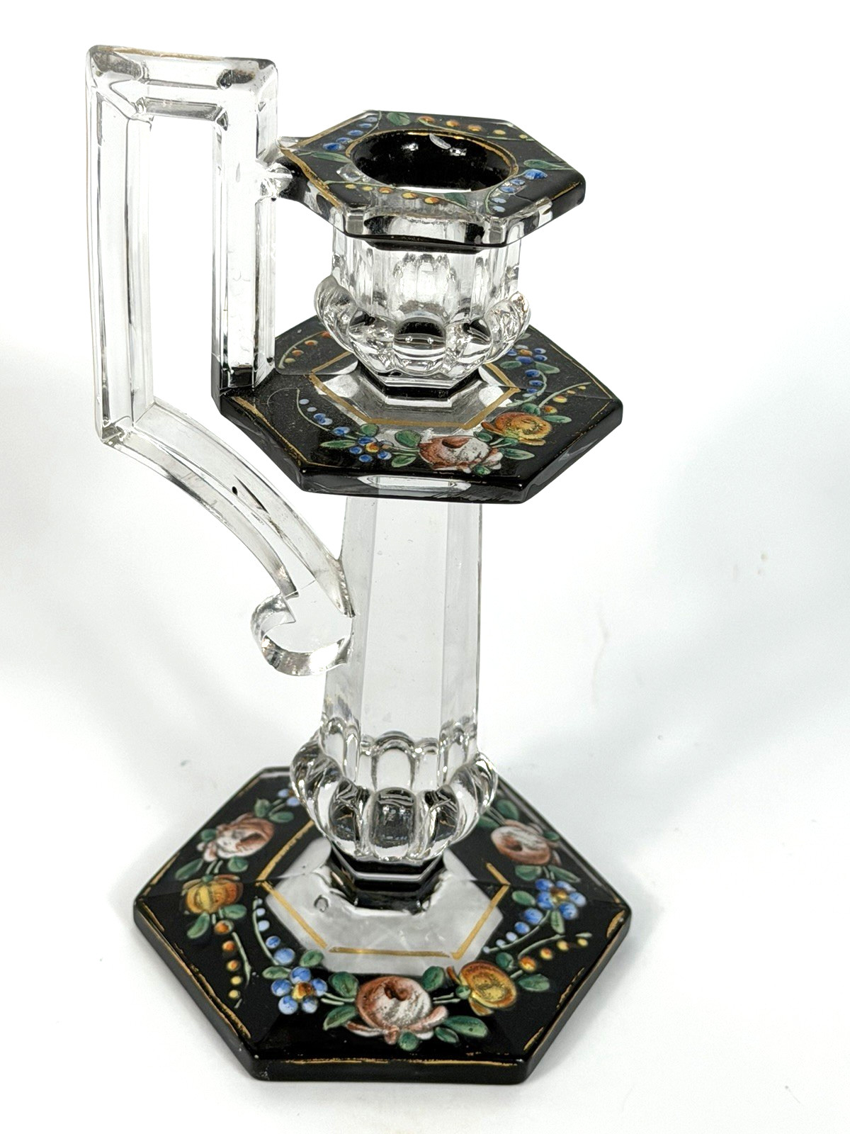 Antique English Style Art Glass Candlestick Hand Painted Enamel Floral C1900 Antique English Style Art Glass Candlestick Hand Painted Enamel Floral C1900