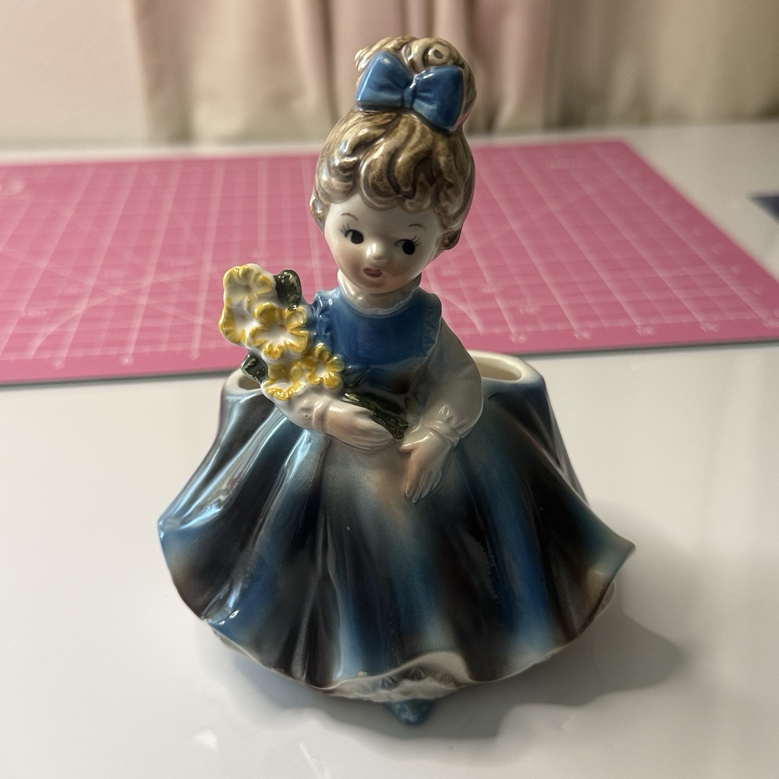 Vintage 1960's Napco Planter Brunette Girl in Blue Dress C-8548 Assemblage Base