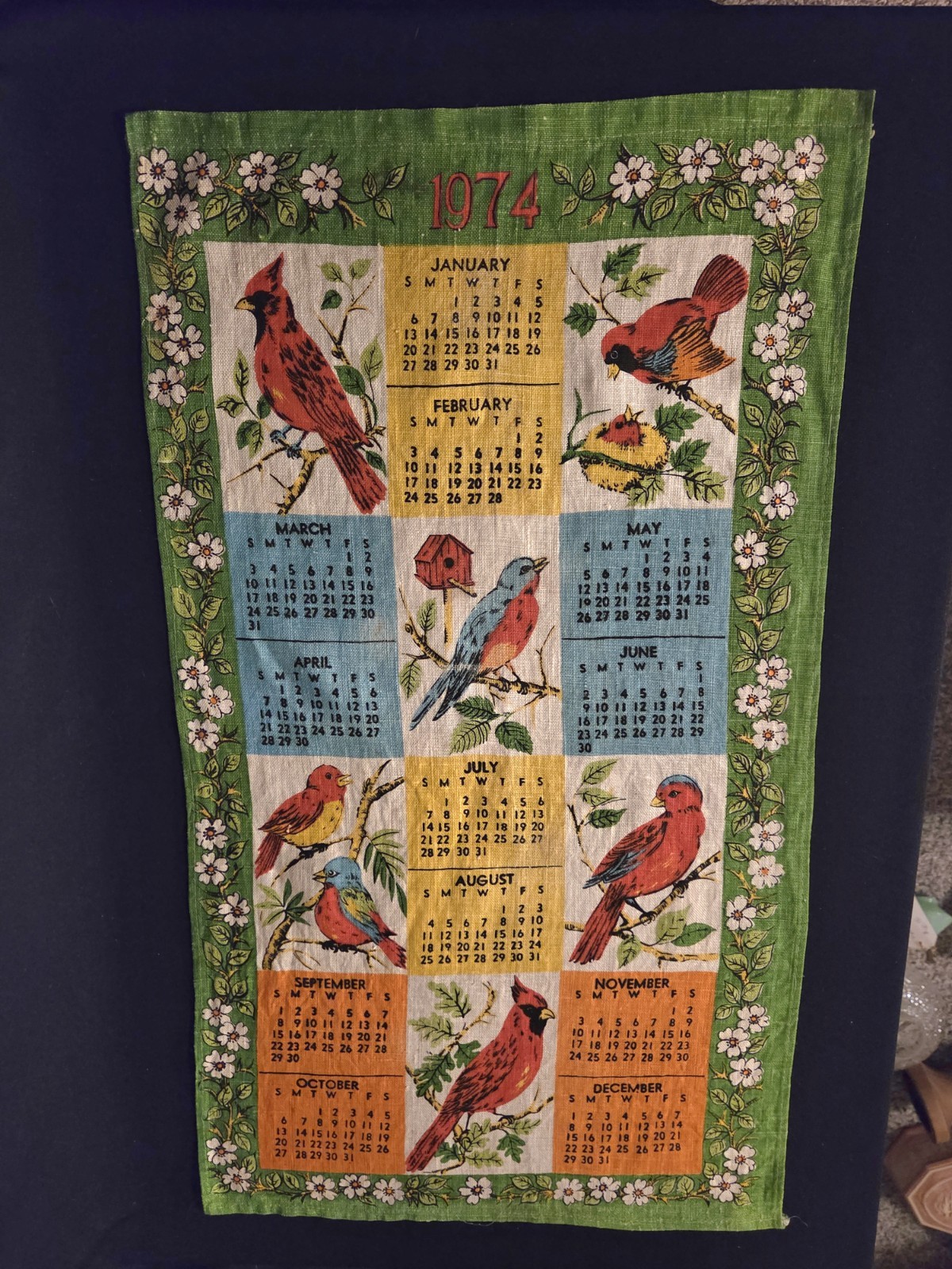 Vintage 1974 Linen Calendar Tea Towel • Colorful Bird Songbird Design • 70s Retr