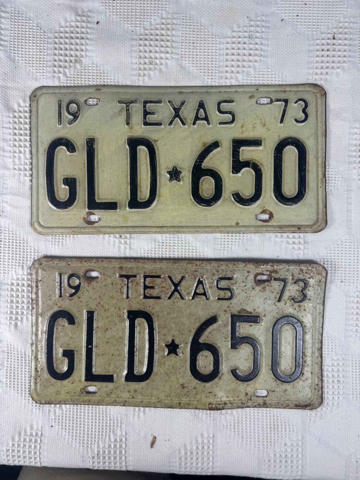 Vintage 1973 Texas License Plates Pair GLD 650 Black Embossed Letters On White Vintage 1973 Texas License Plates Pair GLD 650 Black Embossed Letters On White