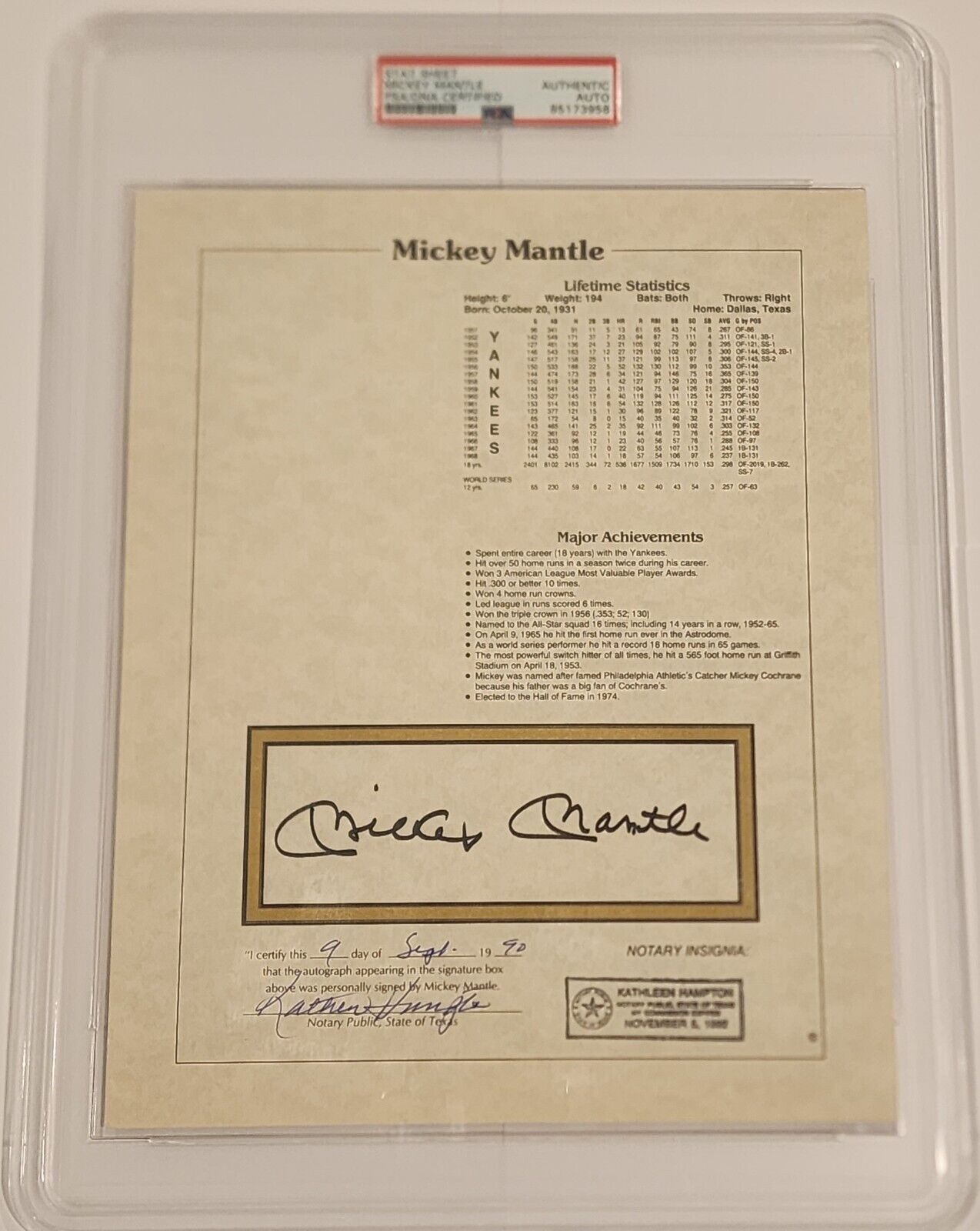 1990 Stat Sheet Notary Auto MICKEY MANTLE HOF NYY (8.5 x 11) Authentic PSA