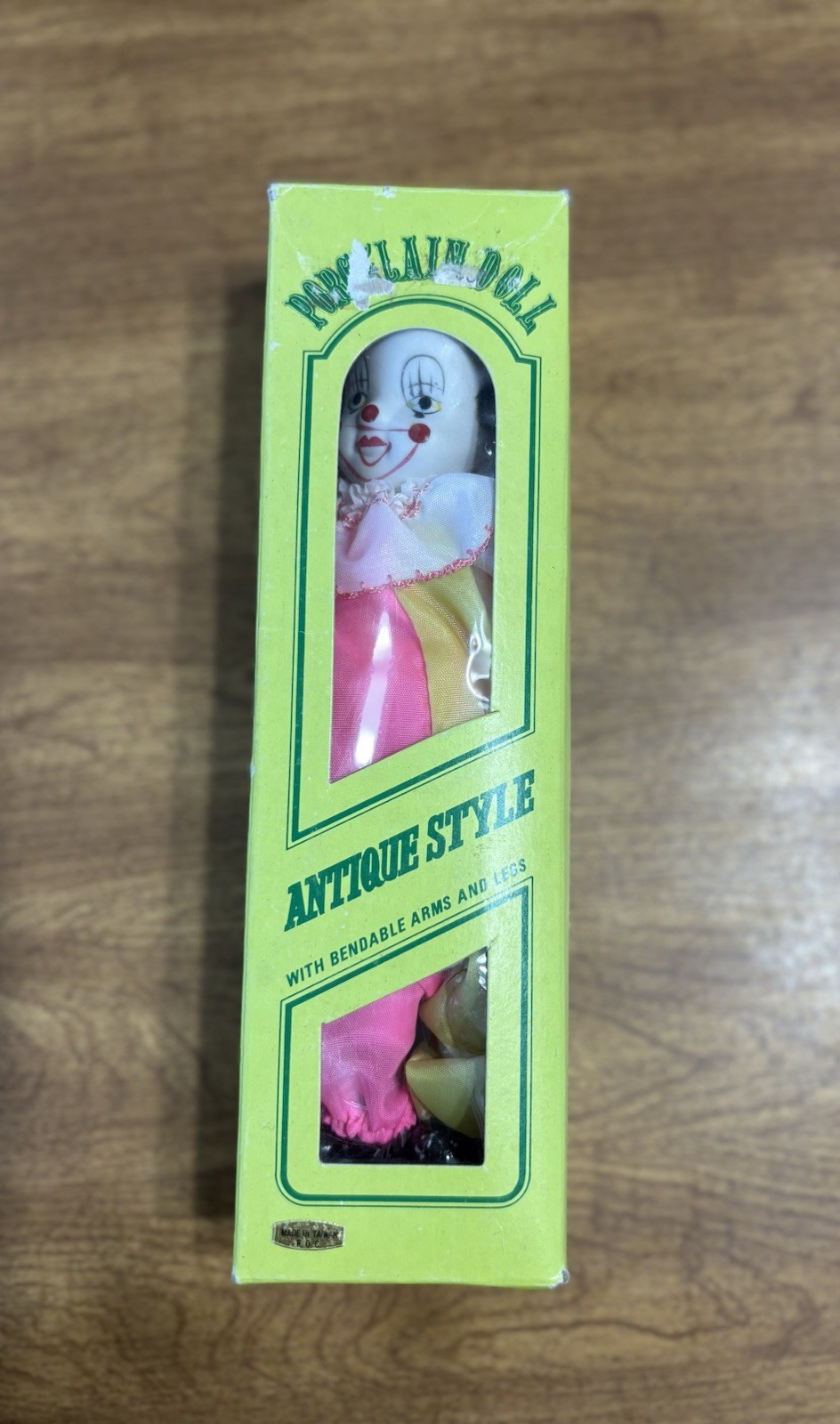 VTG Porcelain Clown Doll Neon Pink Yellow And Lime Green 9in W Box VTG Porcelain Clown Doll Neon Pink Yellow And Lime Green 9in W Box