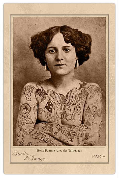 TATTOOED LADY FRANCE ca1907 Vintage Photograph Cabinet Card RP Tattoo TATTOOED LADY FRANCE ca1907 Vintage Photograph Cabinet Card RP Tattoo