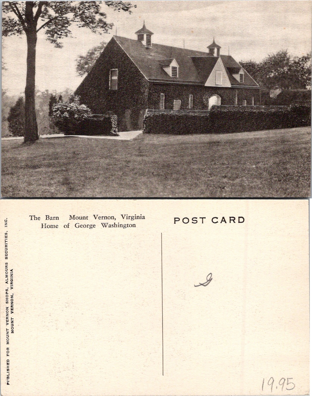 Mount Vernon VA The Barn, Home of George Washington Black White Postcard 73279