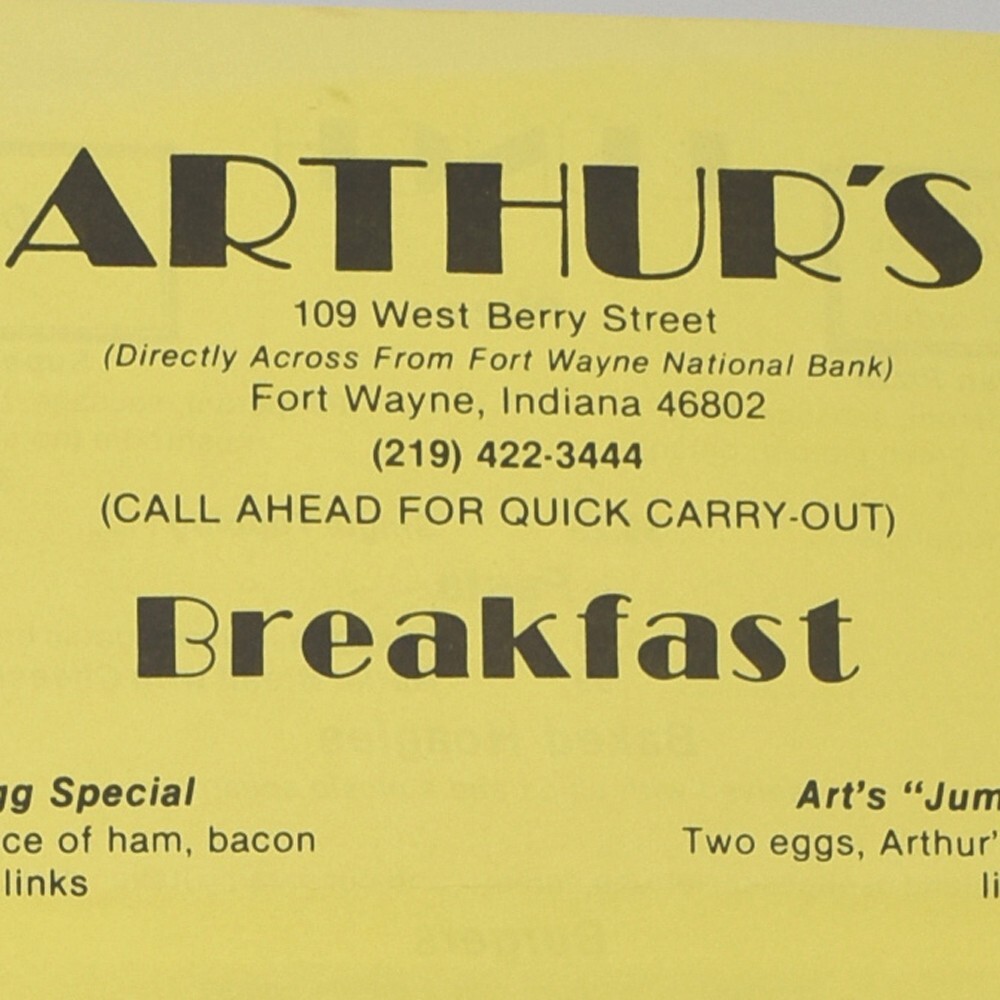 1980s Arthur\'s Cafe Restaurant Menu 109 West Berry Street Fort Wayne Indiana 1980s Arthur\'s Cafe Restaurant Menu 109 West Berry Street Fort Wayne Indiana