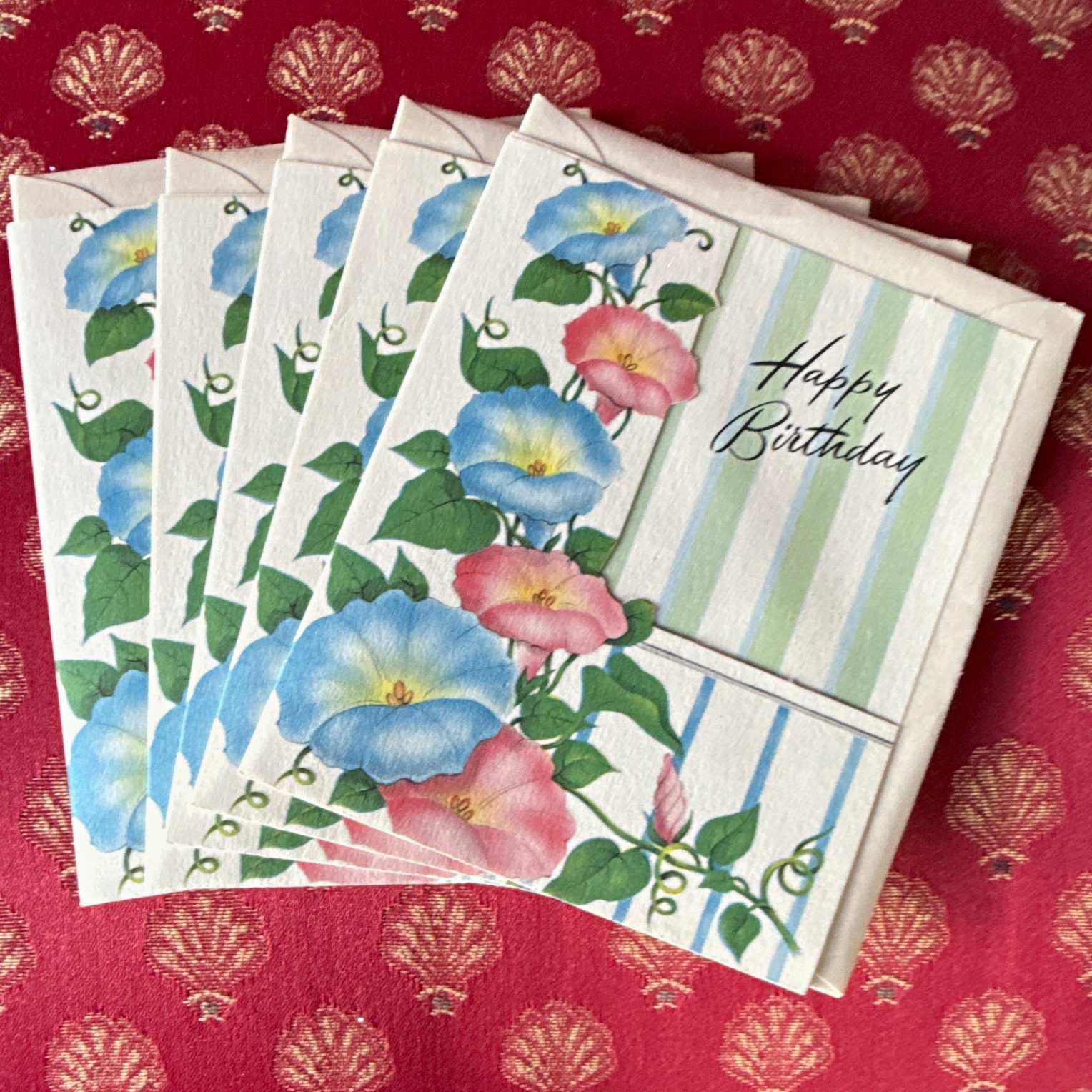 5 Vintage NOS MCM Forget-Me-Not Birthday Cards w/ Morning Glories Floral Design