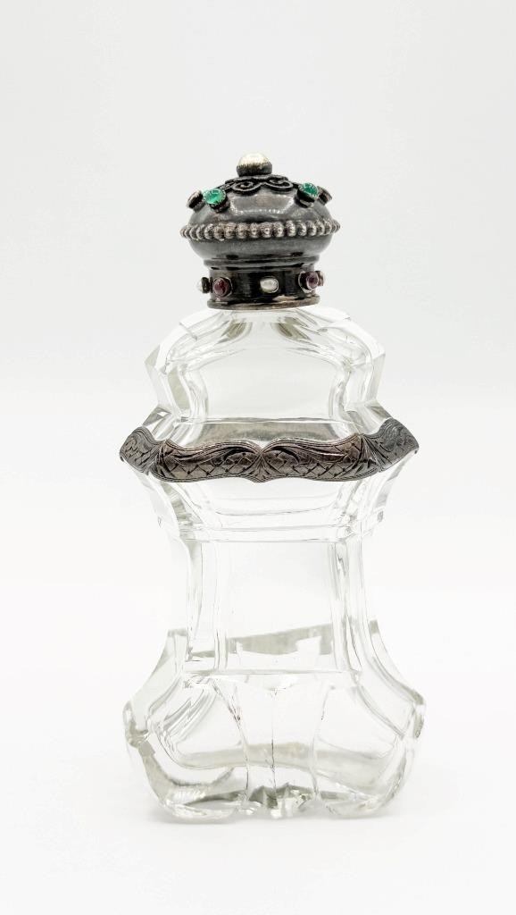 1800s Antique French-Waist, Clear Glass Perfume Bottle w/ Sterling Jeweled Top