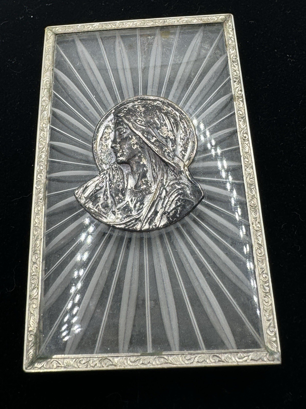 Wow Antique Art Deco Camphor Glass Virgin Mary Plaque Sunburst Frame Engraved Ar