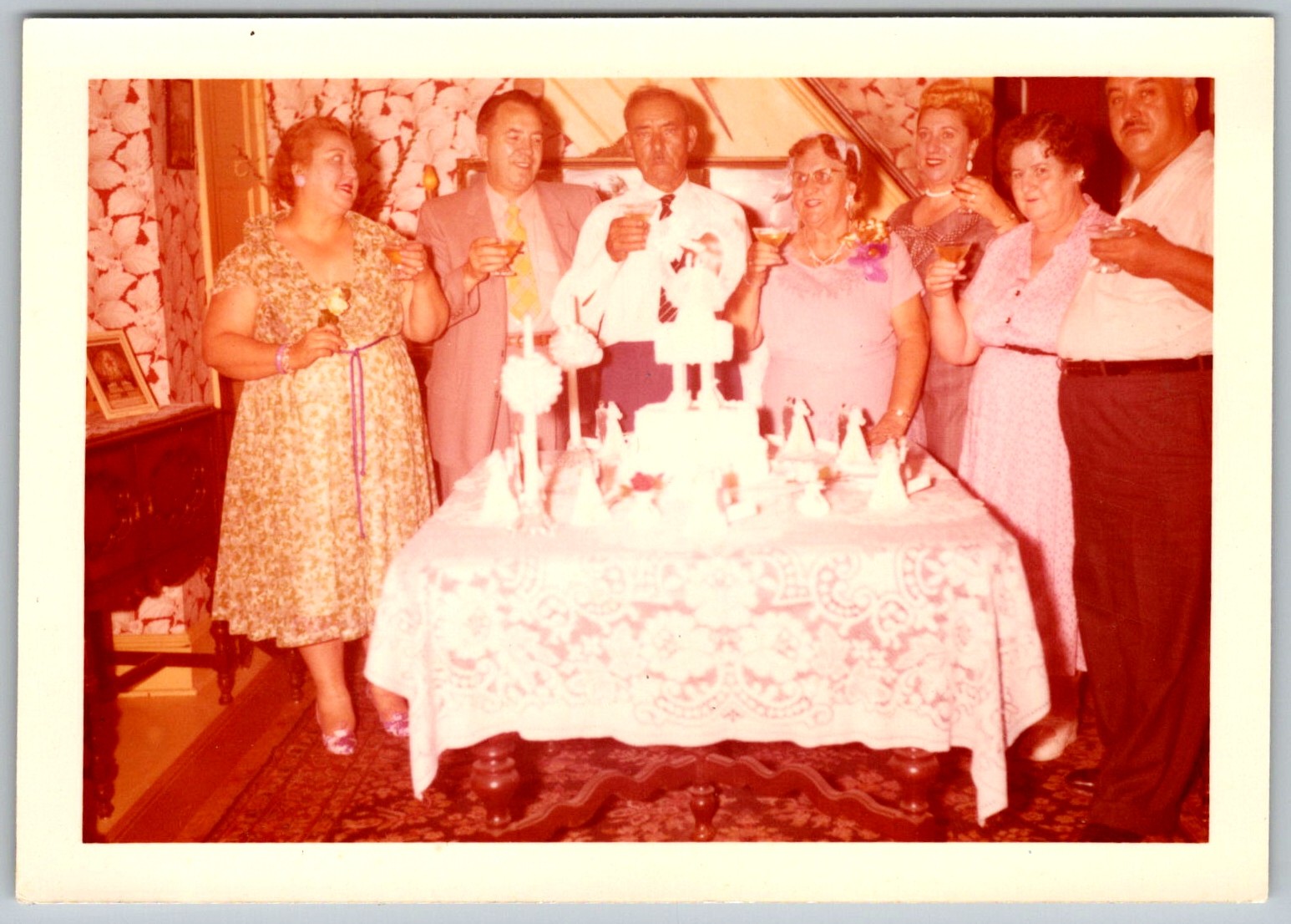 Vtg Color Snapshot People Toasting Tiered Cake Celebration Party Glasses 1960s