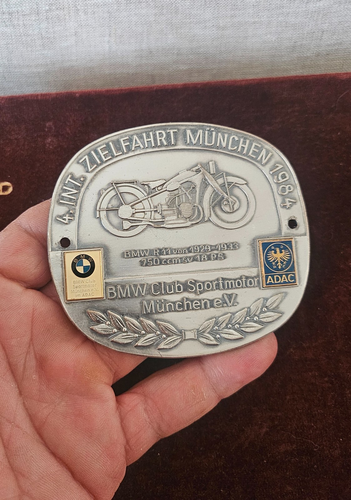 VINTAGE ENAMEL MOTORCYCLE BADGE # BMW RALLY MUNICH BAVARIA 1984 R11
