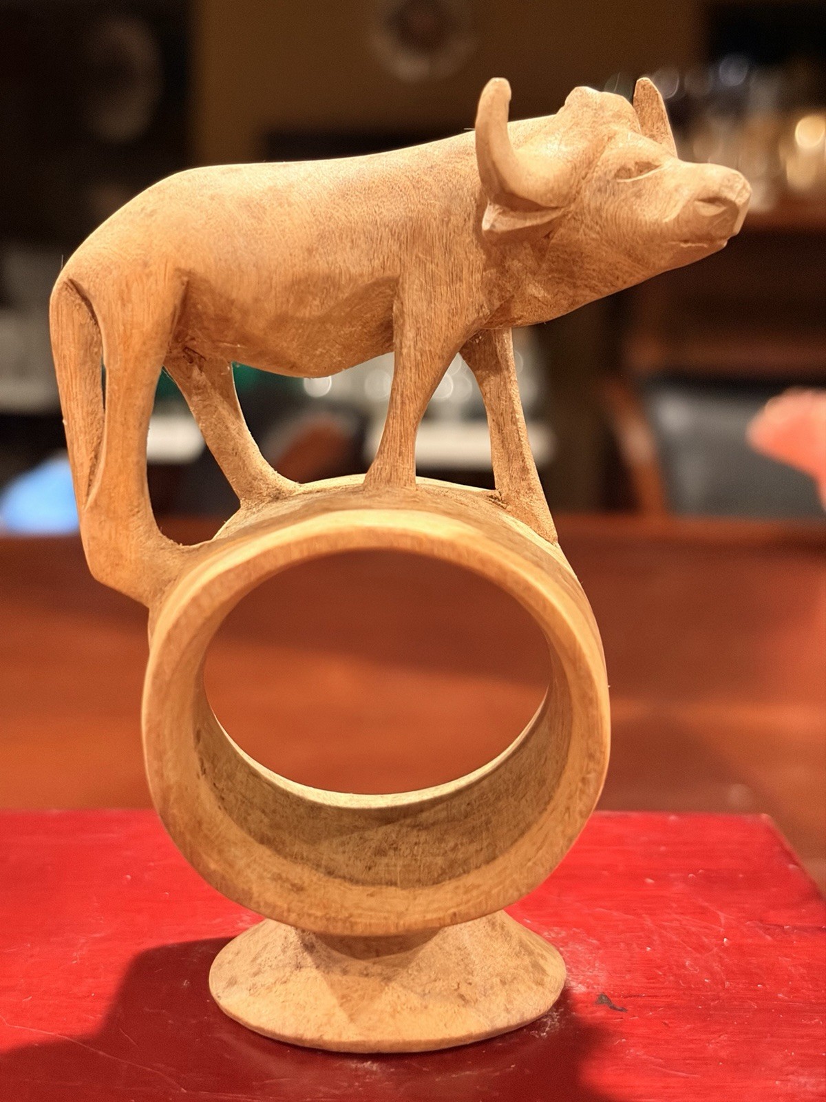 Vintage Hand Carved Wood Cape Buffalo Stand Ring Base Kenya Safari Folk Art Vintage Hand Carved Wood Cape Buffalo Stand Ring Base Kenya Safari Folk Art