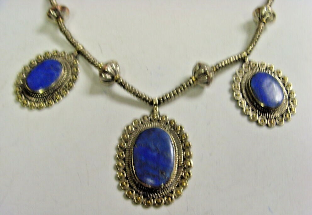 vintage Turkmen tribal heishee beads necklace with 3 large lapis pendants 48135