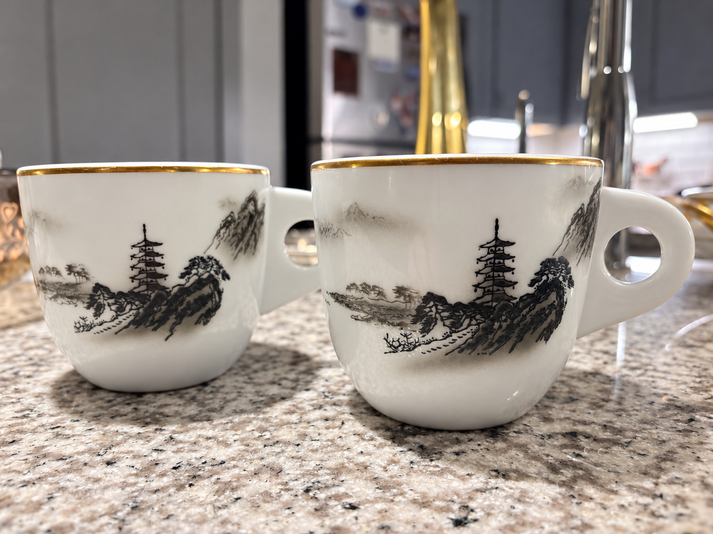Vintage Fukagawa Arita Set of 2 Pagoda Landscape Cups Black Gold Rim Japan Vintage Fukagawa Arita Set of 2 Pagoda Landscape Cups Black Gold Rim Japan