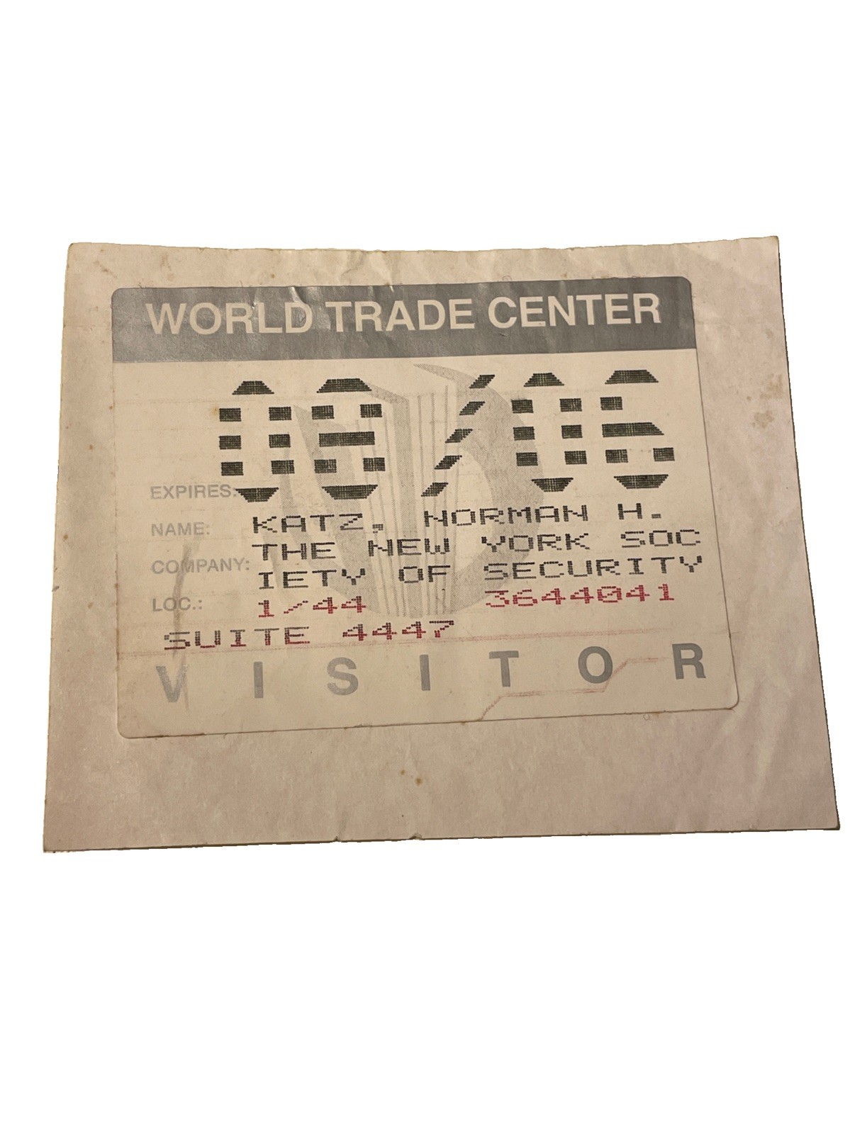 986 World Trade Center Original Visitor Pass Twin Towers NYC Pre-9/11 WTC 986 World Trade Center Original Visitor Pass Twin Towers NYC Pre-9/11 WTC