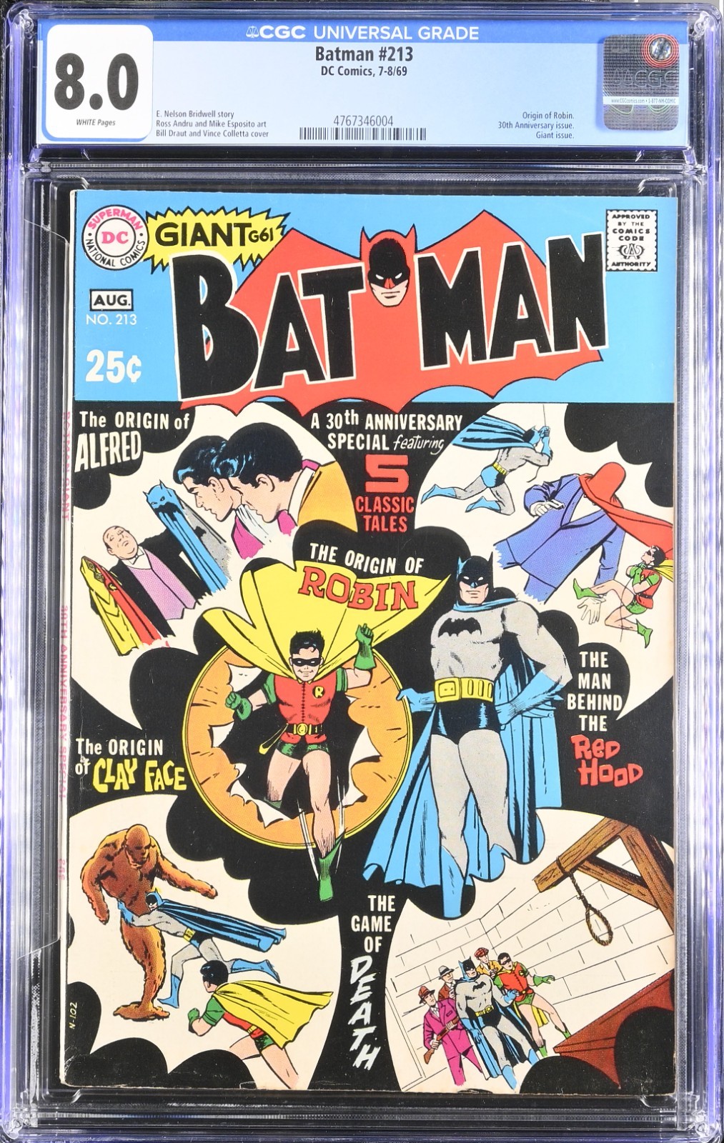 Batman #213 CGC 8.0 White Pages 1969 Origin Robin Red Hood Clayface Giant Batman #213 CGC 8.0 White Pages 1969 Origin Robin Red Hood Clayface Giant