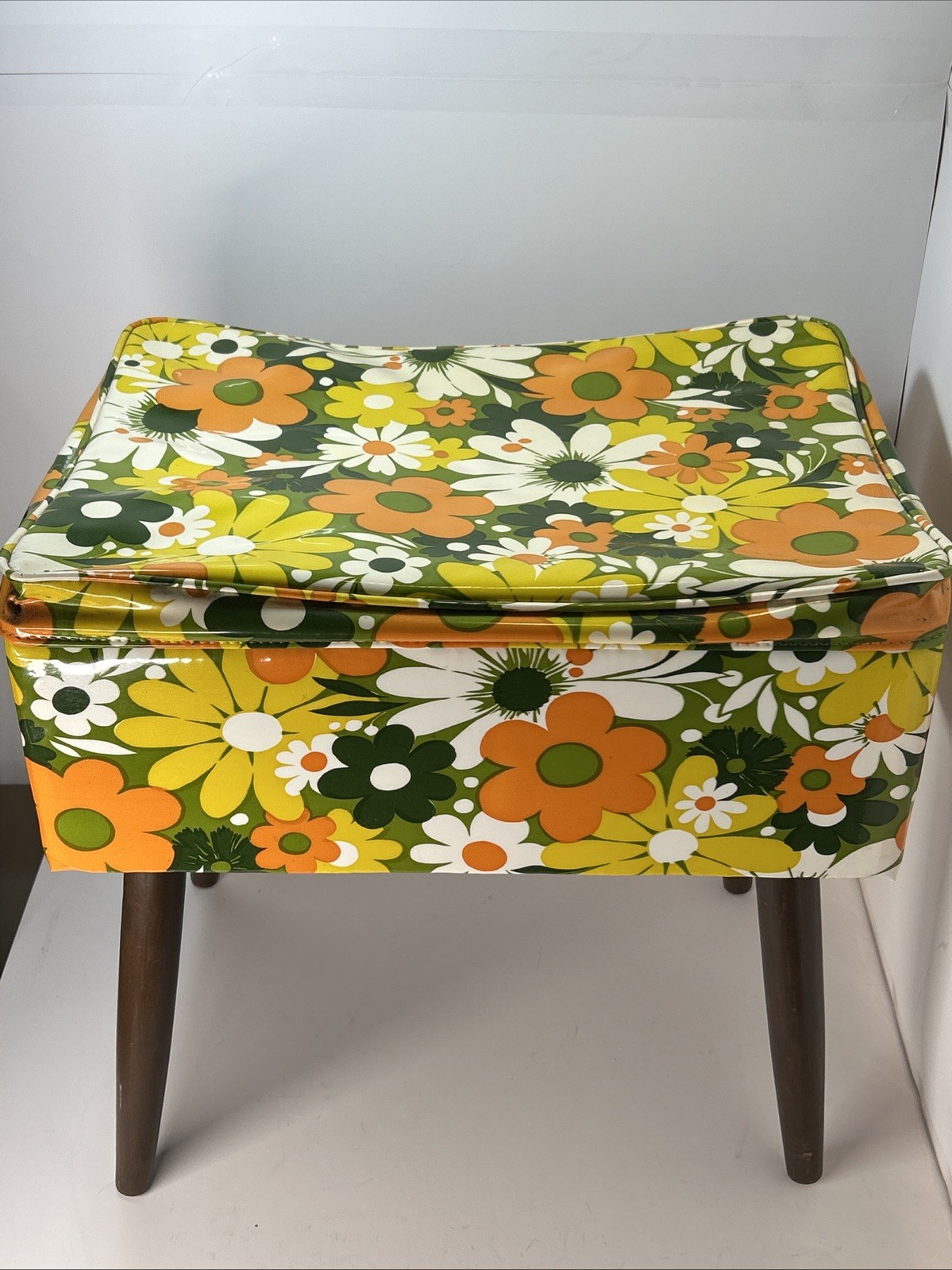 Vintage 1970s Flower Power Sewing Bench Stool Storage Ottoman MCM Floral