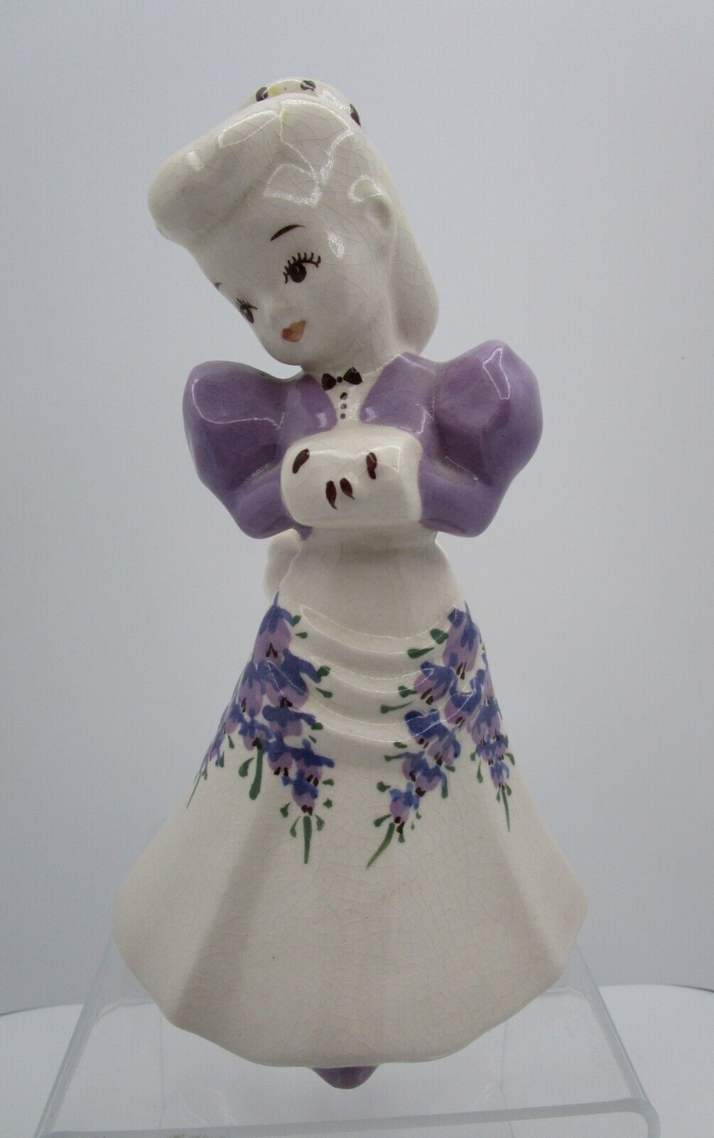 DELEE ART Pottery Figurine Planter Vase DIMPLES Woman Purple Flowers Circa 1947