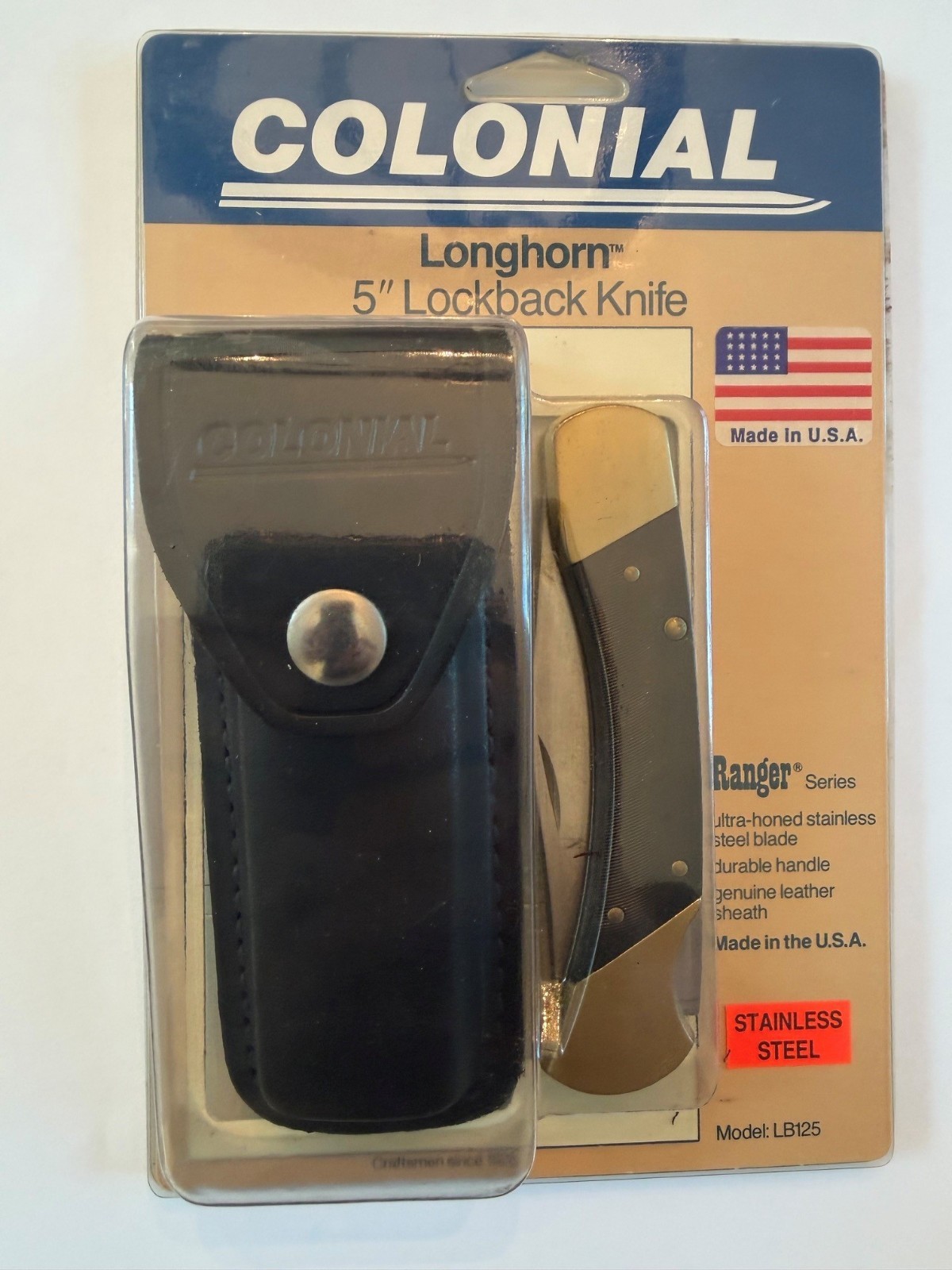 NOS Vintage Colonial Ranger Longhorn LB-125 Knife Brass Leather Sheath Sealed