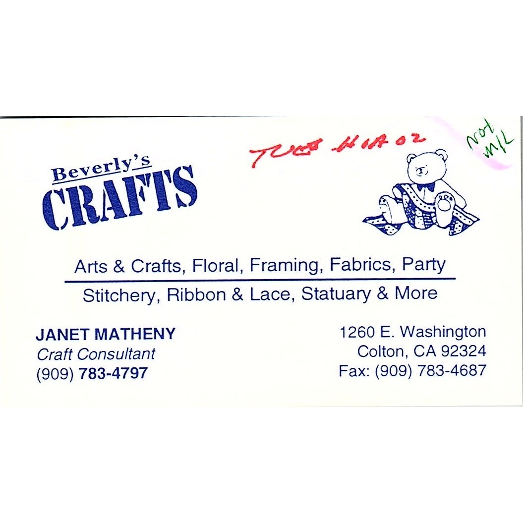 Beverly\'s Crafts Janet Matheny Colton CA Vintage Business Card STK2-BC1-9 Beverly\'s Crafts Janet Matheny Colton CA Vintage Business Card STK2-BC1-9