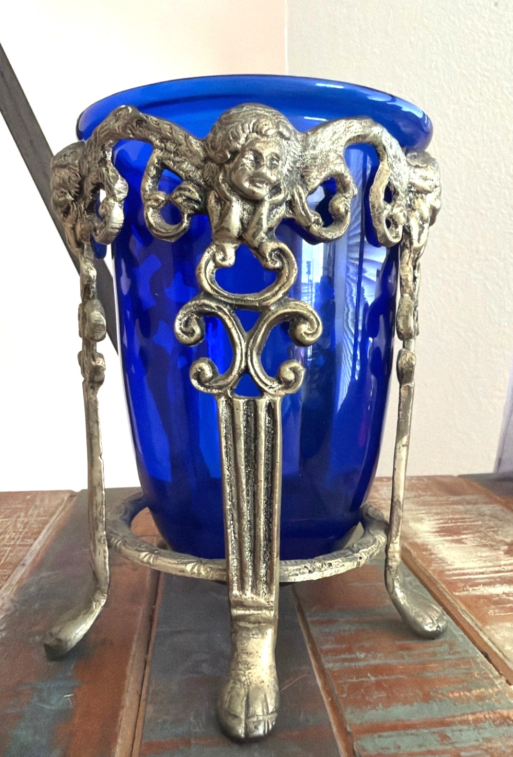 Vintage 6 1/2” Brass Cherub 5 Footed Base Cobalt Blue Glass Vase