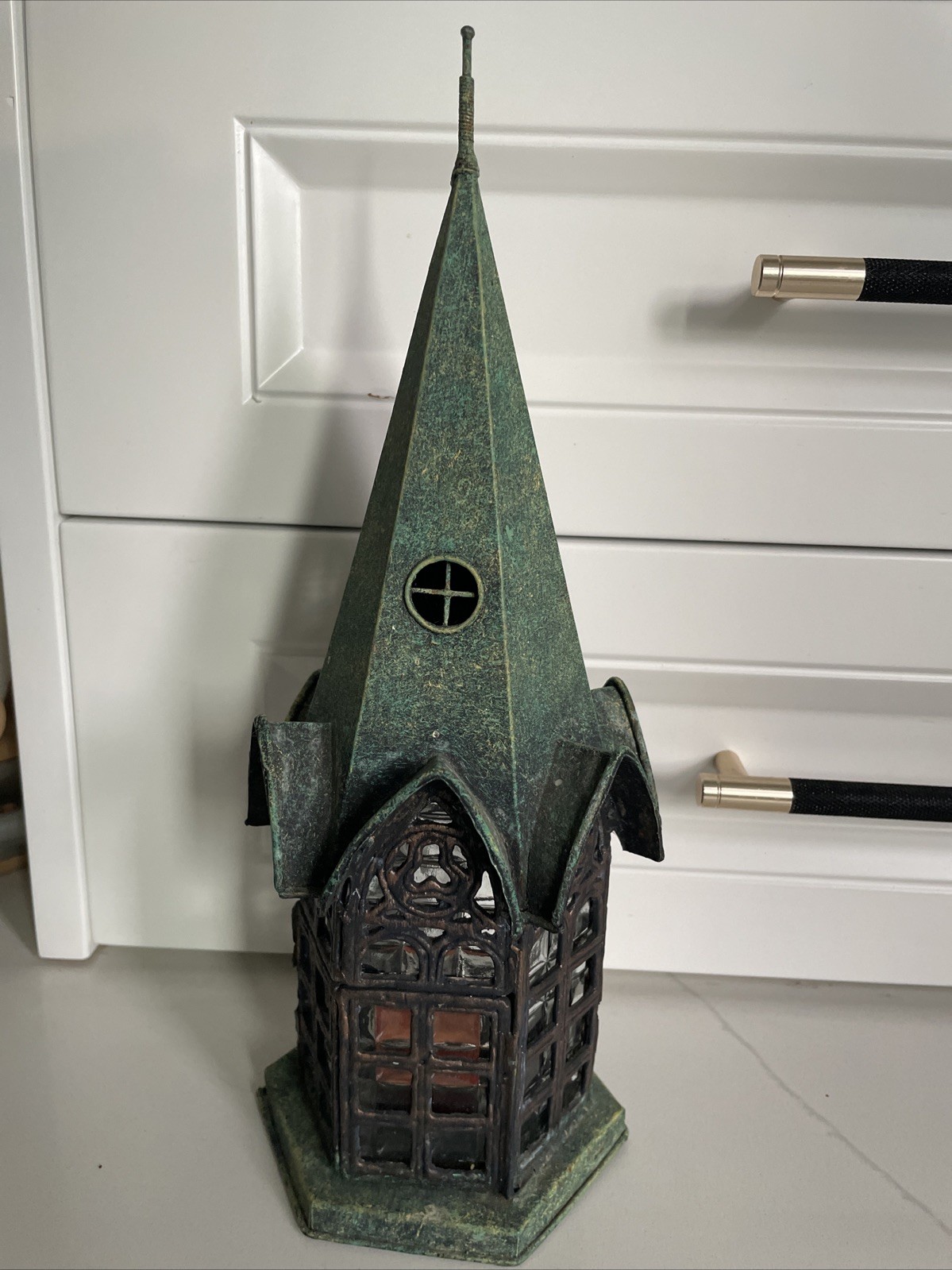 Vintage Gothic Spire Green Cathedral Glass & Metal Tea Light Candle Holder 