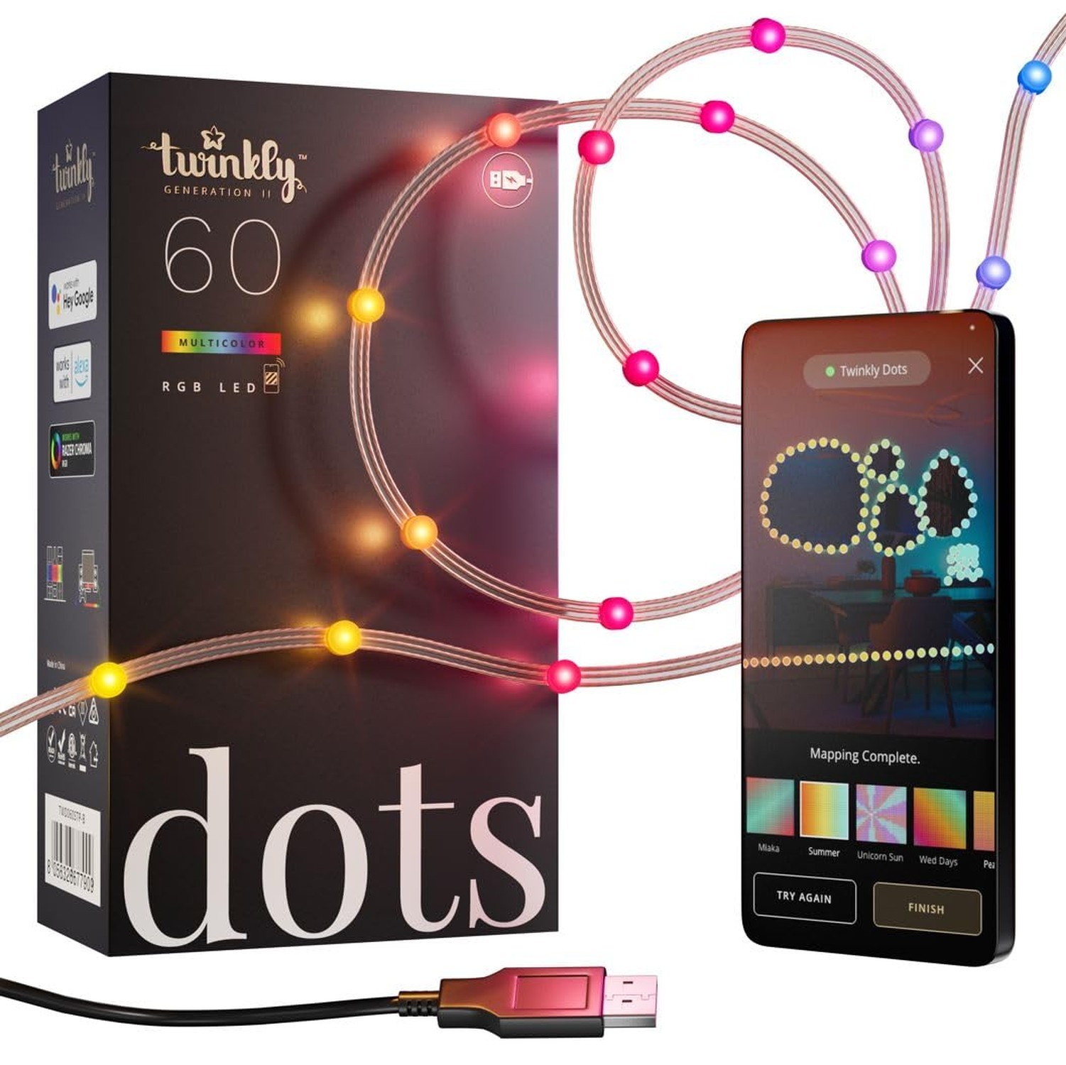 Twinkly Dots Flexible String Lights, 60RGB LEDs, 10ft - Indoor Clear Wire Twinkly Dots Flexible String Lights, 60RGB LEDs, 10ft - Indoor Clear Wire