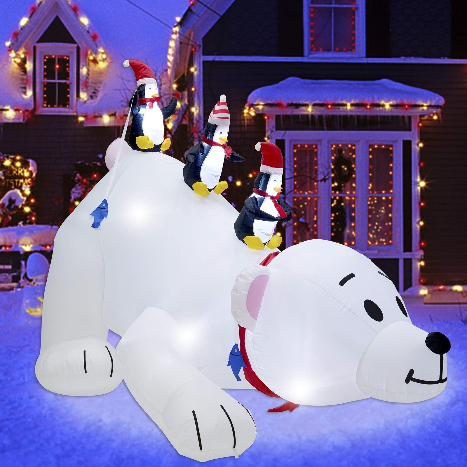 Juegoal Christmas 7.7(L) x 6 FT(H) Inflatables Lighted Polar Bear with Three Pen