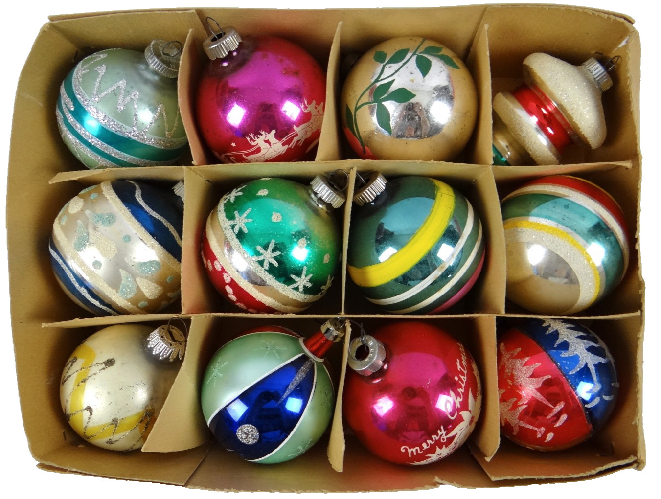Shiny Brite VTG Mica Stripe Christmas Ornaments Crackle Stencil Mercury Glass
