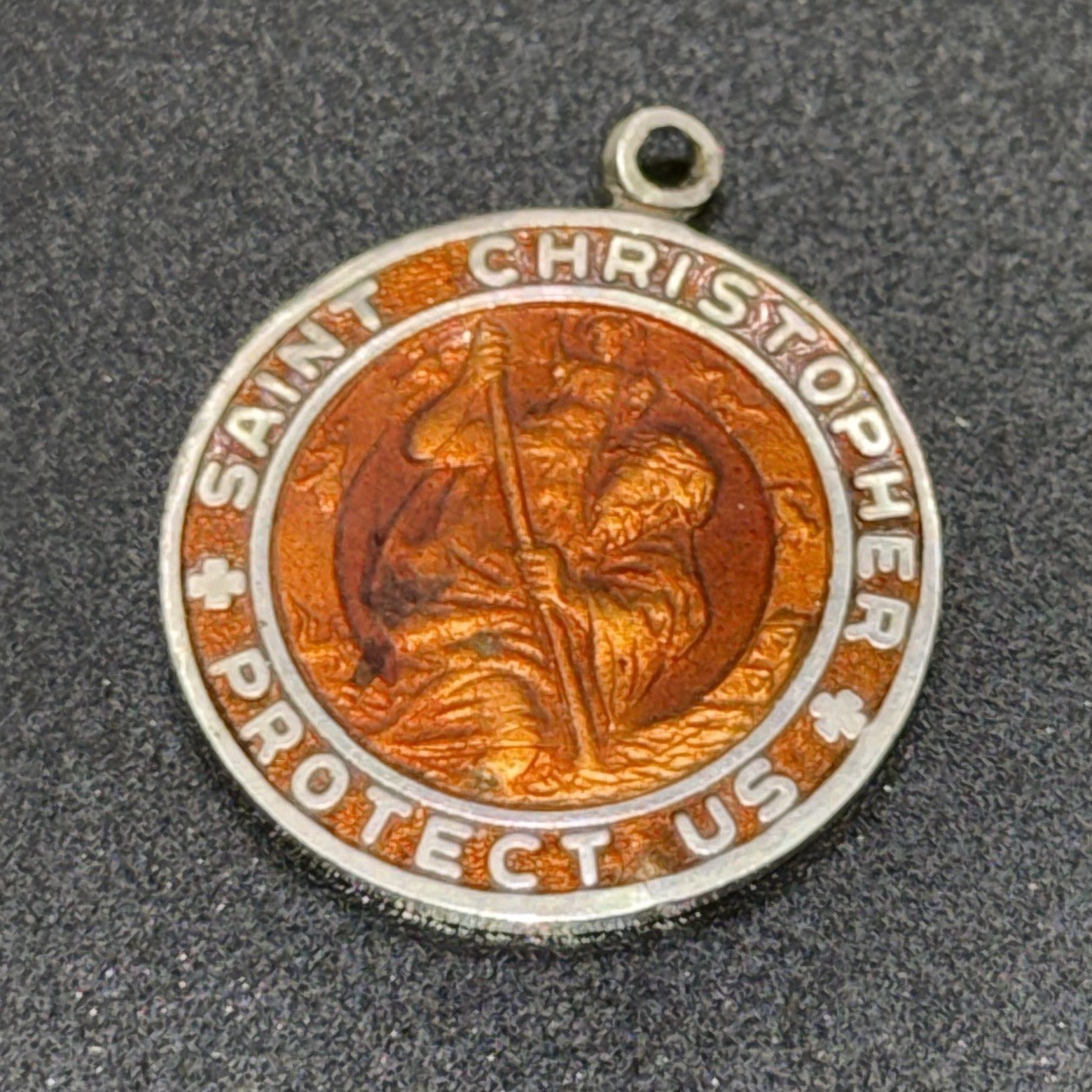 Vintage Rare Saint Christopher Medal Pendant Amber Enamel Religious Protect Us Vintage Rare Saint Christopher Medal Pendant Amber Enamel Religious Protect Us