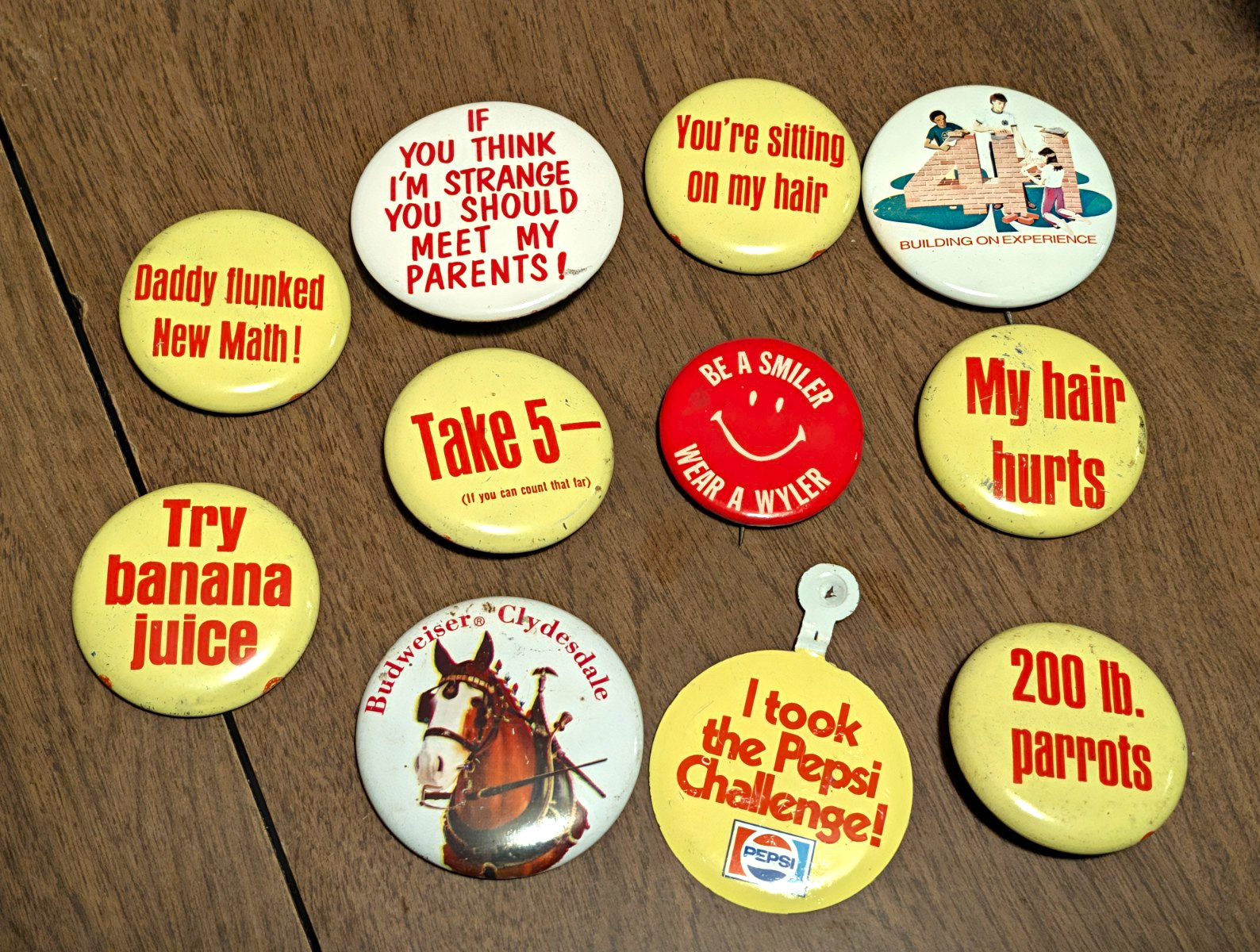 Lot of 11 Vintage Pinback Buttons Pepsi 4H Budweiser Wyler Novelty Funny Slogans