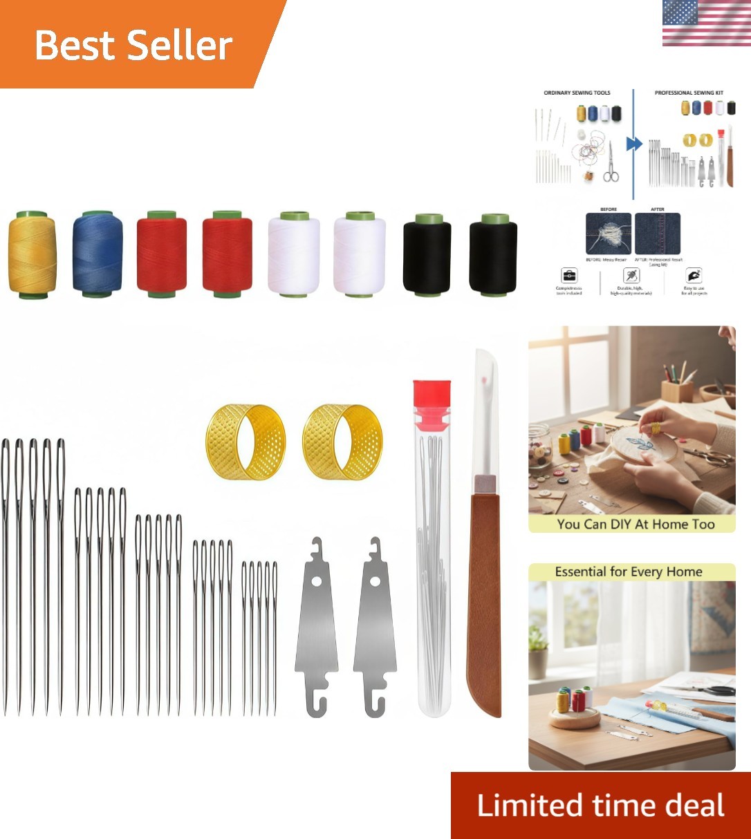 Complete 39-Piece Steel Sewing Needle Kit with Threads for Hand Sewing Projects