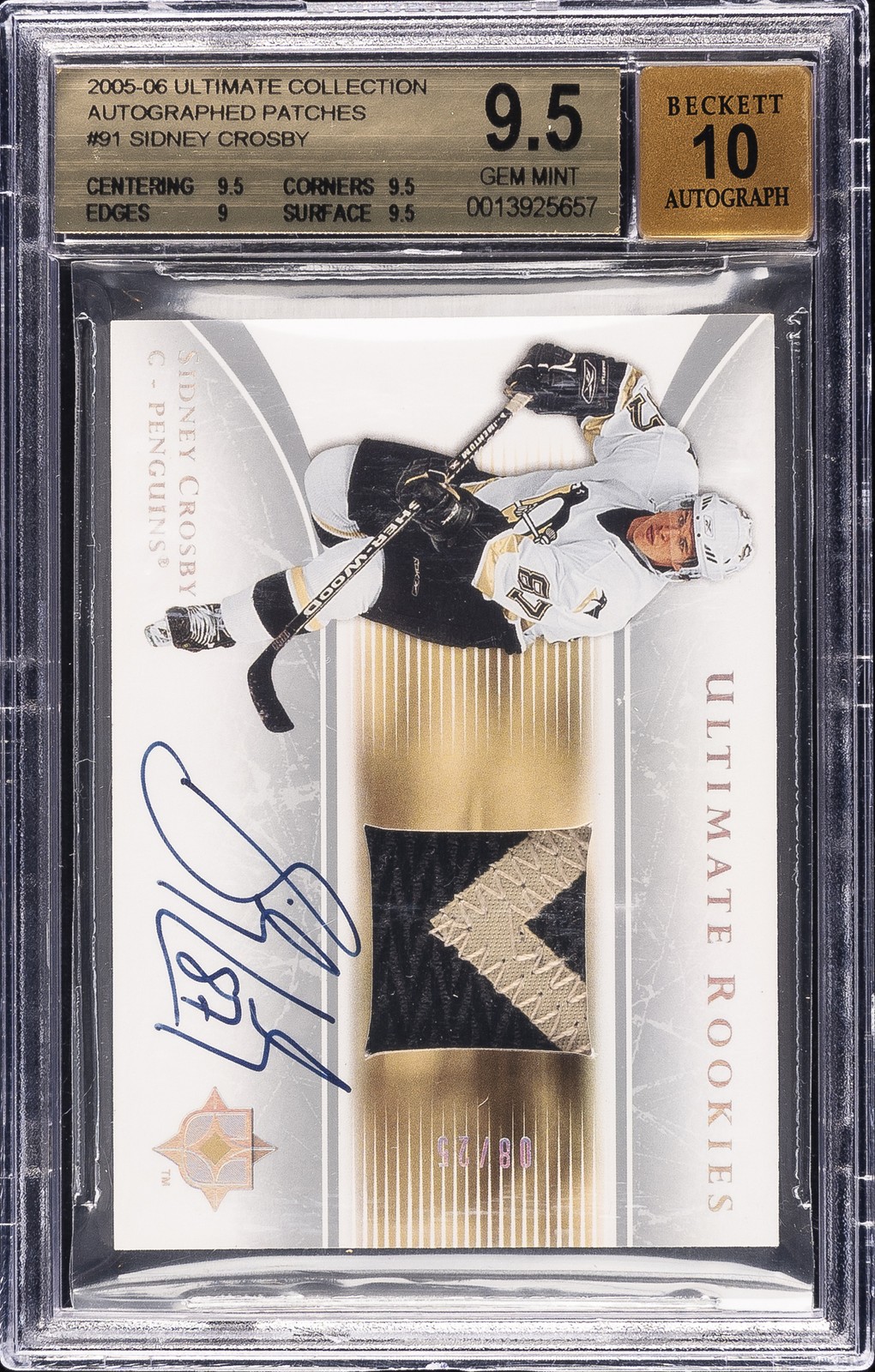 2005-06 UD ULTIMATE COLLECTION AUTO PATCHES /25 SIDNEY CROSBY ROOKIE RC BGS 9.5