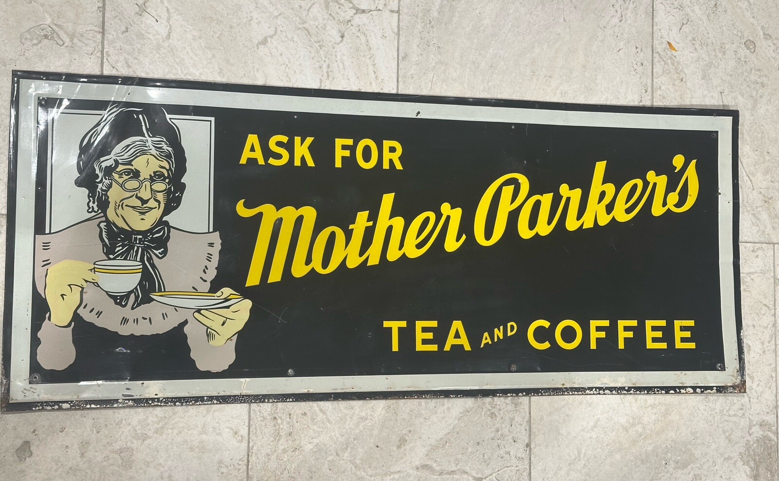 Vintage 1950’s MOTHER PARKER TEA & Coffee Tin Litho Sign Rare Original 19x47” Vintage 1950’s MOTHER PARKER TEA & Coffee Tin Litho Sign Rare Original 19x47”