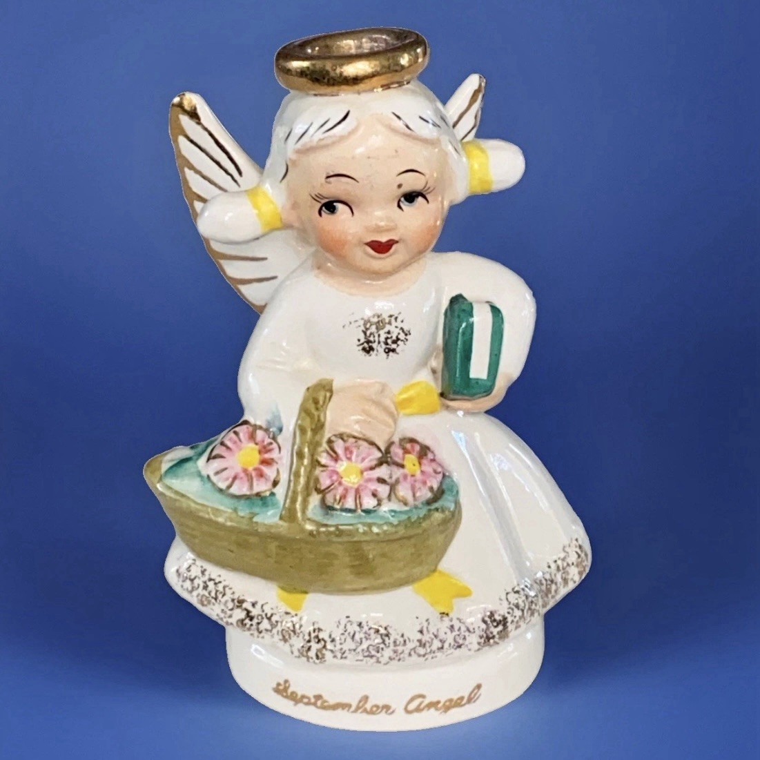 Vintage 1950s September Angel Figurine Flowers School Book Japan W/sticker 4.5”