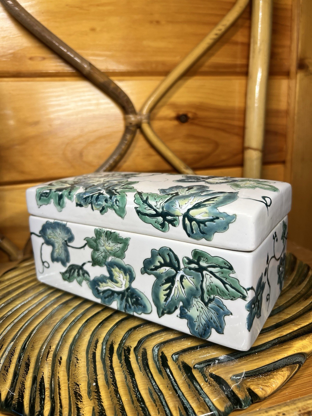 Vintage Hand Painted Porcelain Trinket Box Large Ivy Leaf Vintage Hand Painted Porcelain Trinket Box Large Ivy Leaf
