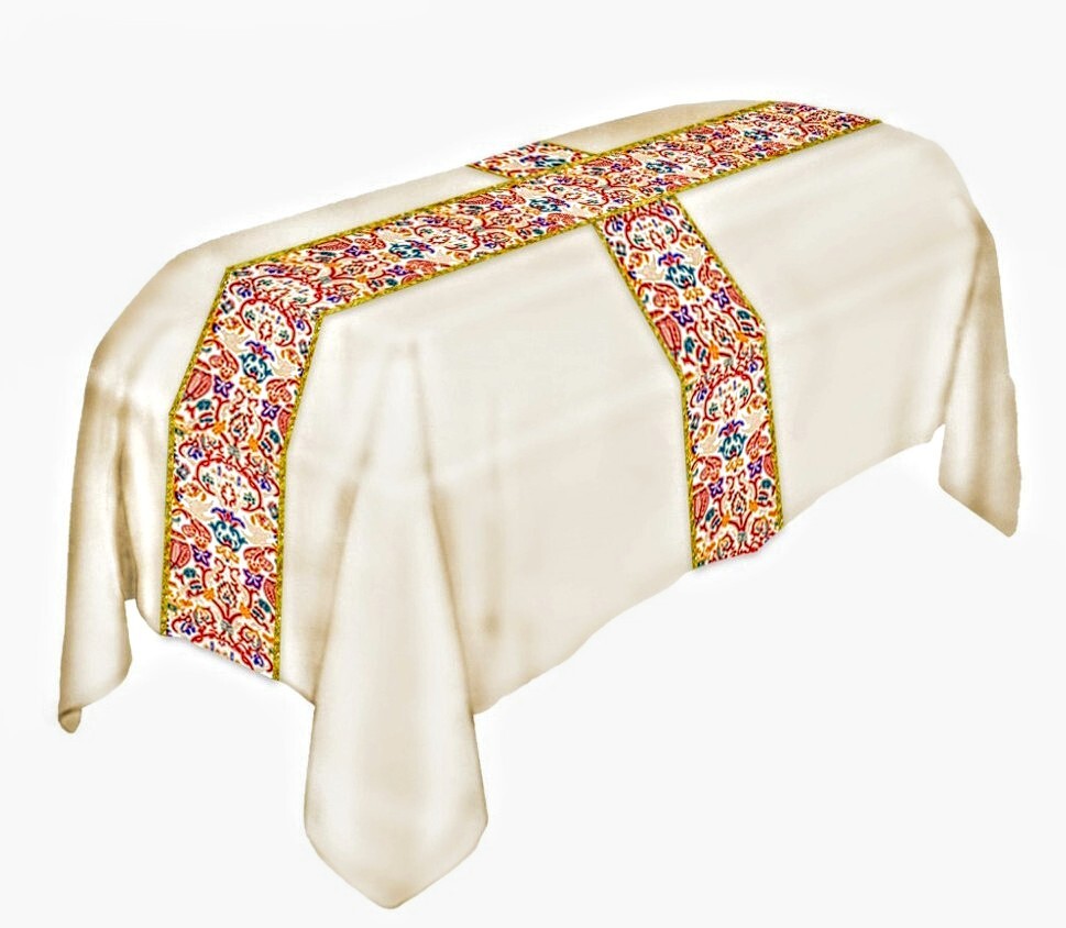 Cream Funeral Pall Satin-like Polyester with Coronation Orphrey 7' x 10' Unlined Cream Funeral Pall Satin-like Polyester with Coronation Orphrey 7' x 10' Unlined