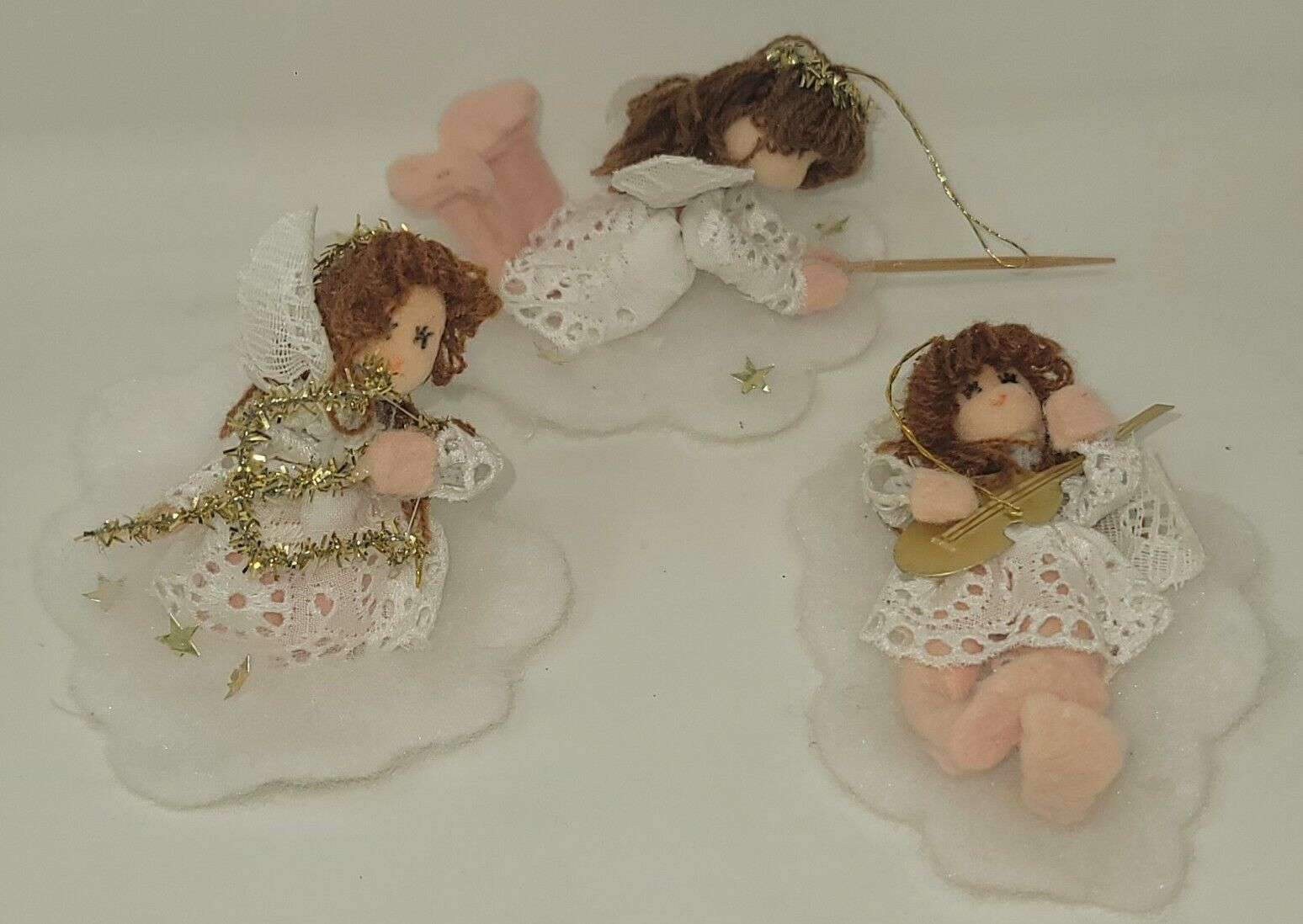 Vintage Angels Floating On Clouds Christmas Ornaments Felt 3 Pieces Brown Yarn