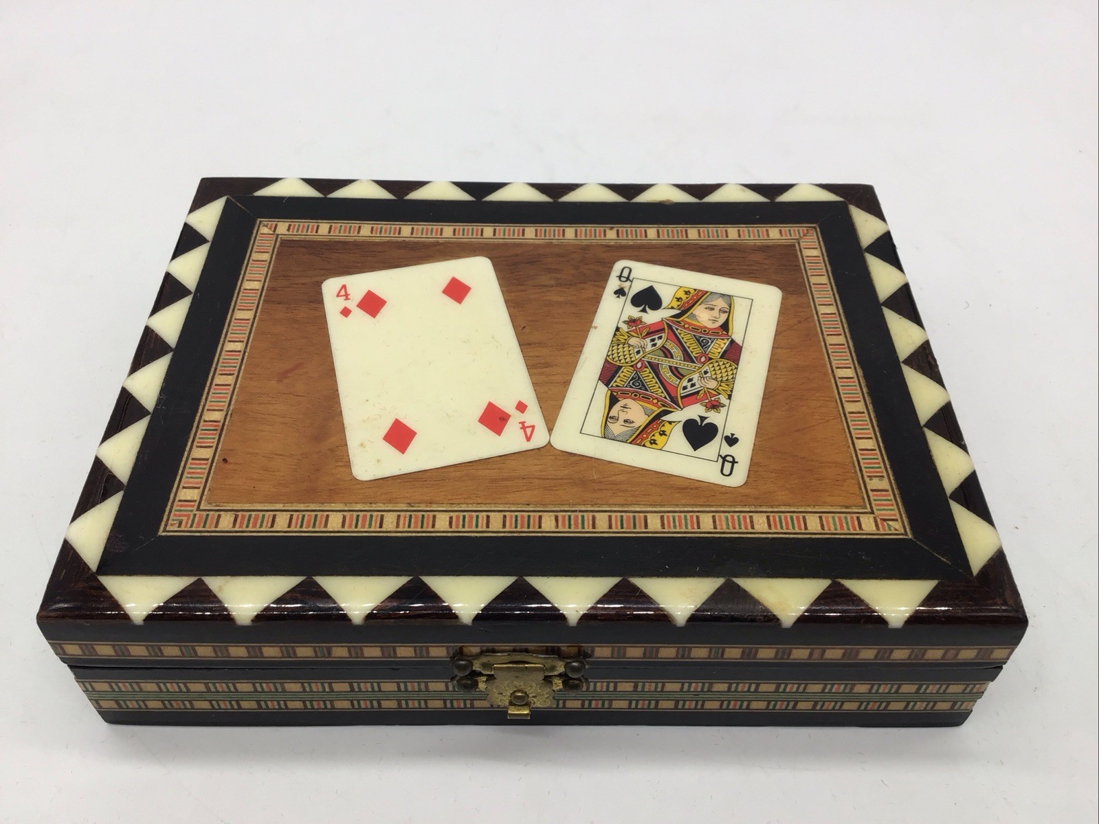 Vintage Laguna Spanish Inlaid Wooden Marquetry Double Deck Playing Cards Box Vintage Laguna Spanish Inlaid Wooden Marquetry Double Deck Playing Cards Box