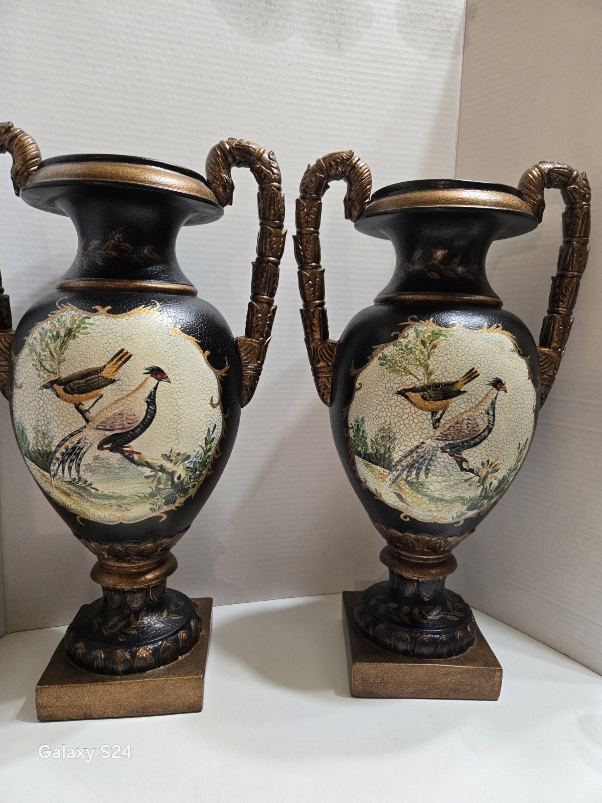 Pair Of Decorative Black And Gold Composite Resin URN HANDLED STYLE VASES -...
