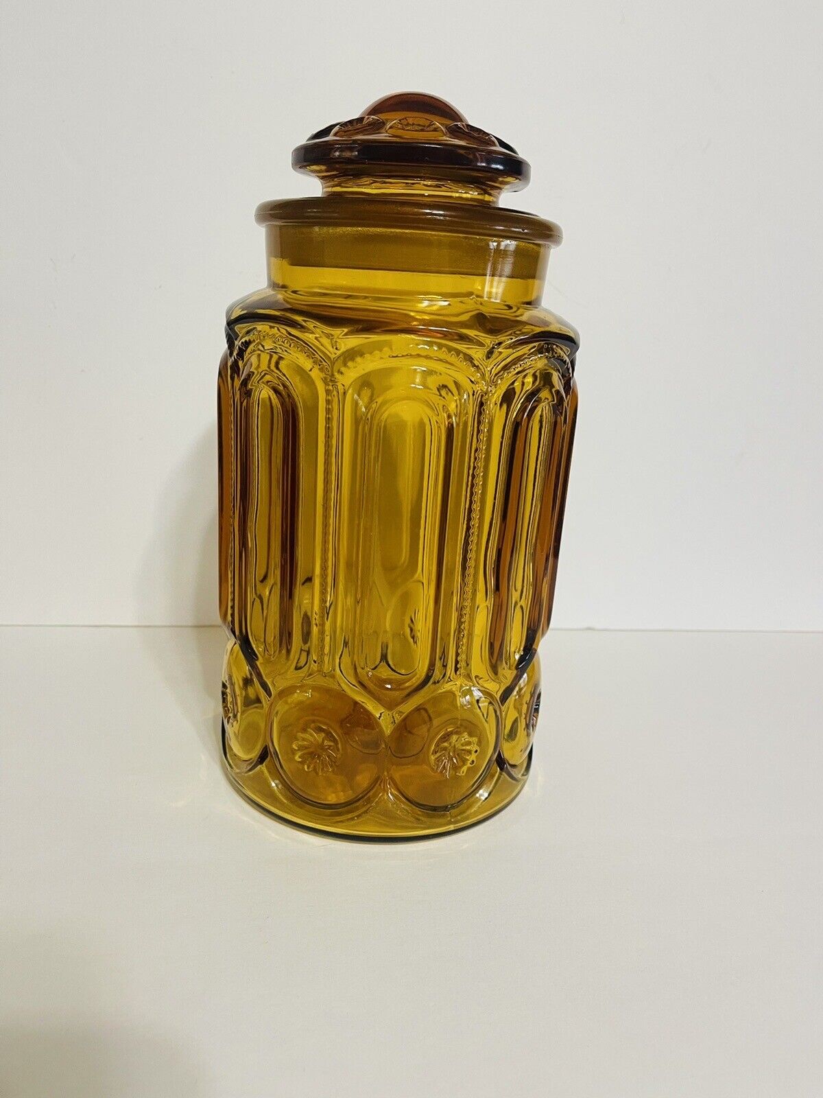 VTG 1960s L.E. Smith Amber Noon & Stars Canister W/Lid 11-3/4” Tall